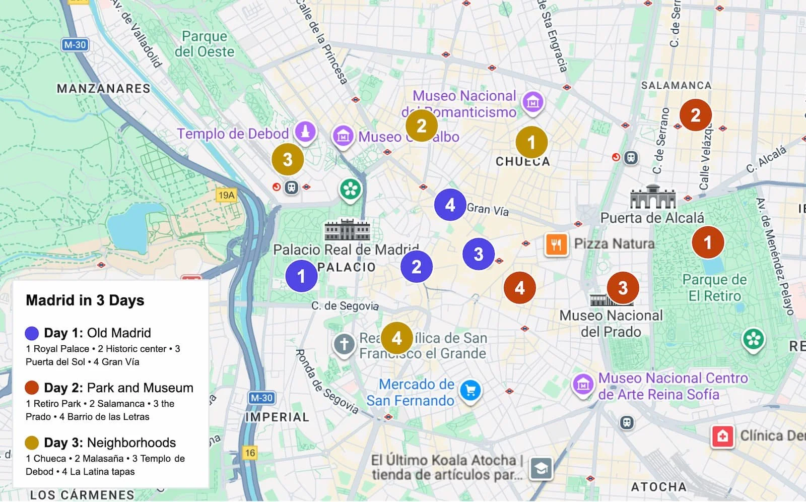 Map showing the main areas covered on Days 1, 2, and 3 of this Madrid itinerary