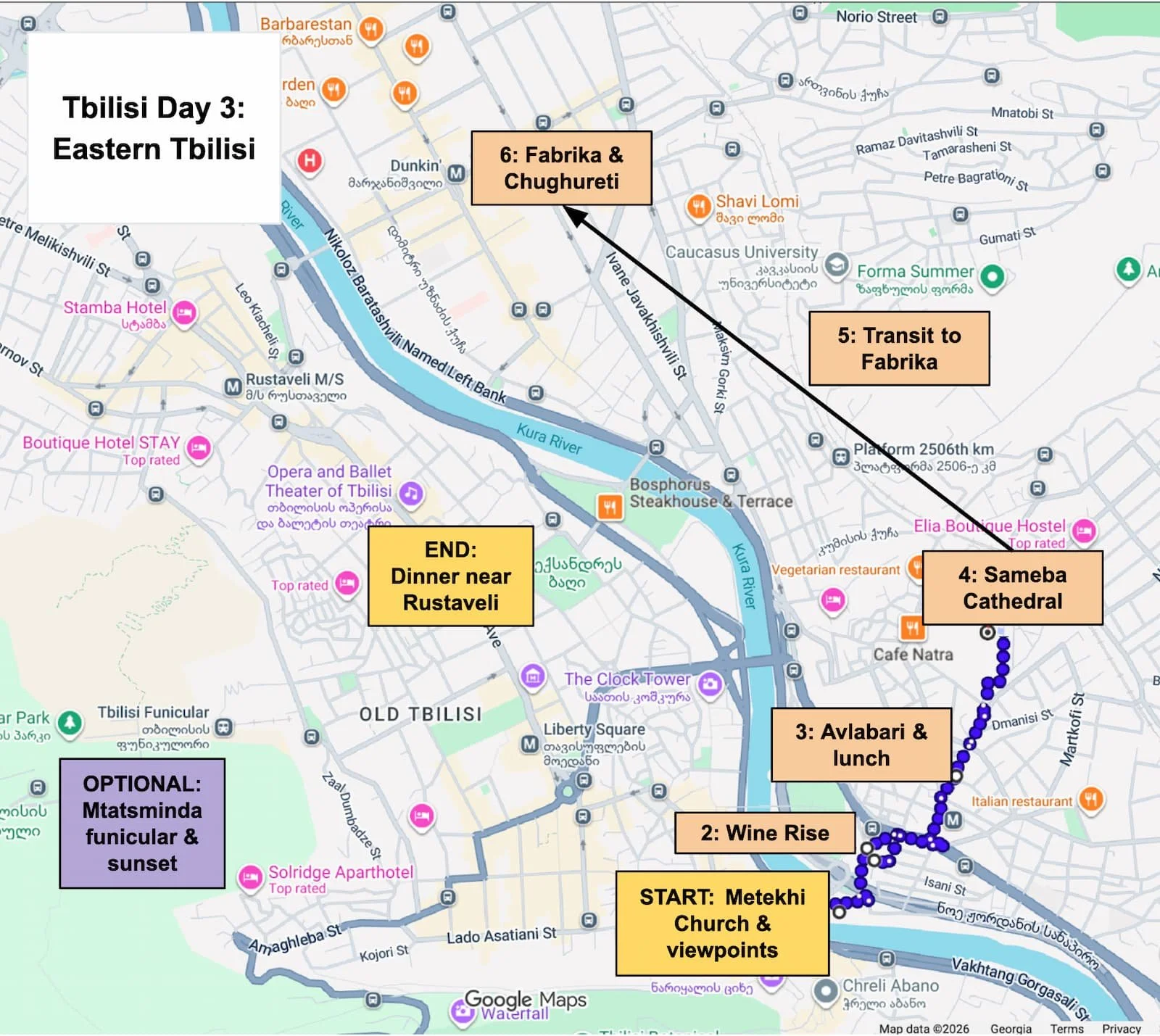 Map of the Day 3 Tbilisi itinerary from Metekhi and Avlabari to Sameba Cathedral and Fabrika