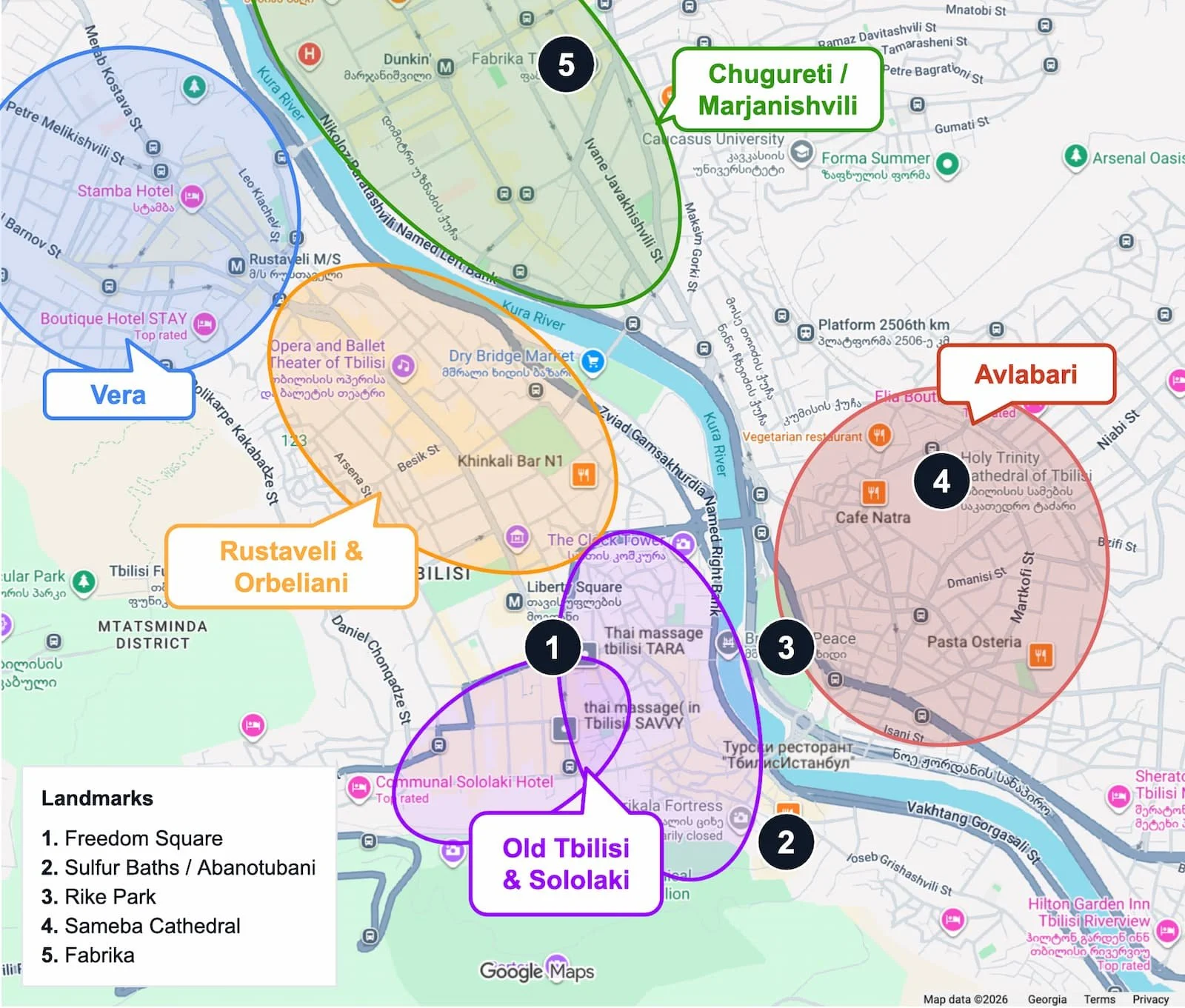 Map of central Tbilisi showing Rustaveli and Orbeliani, Old Tbilisi and Sololaki, Avlabari, Vera, and Chugureti and Marjanishvili, with major landmarks marked