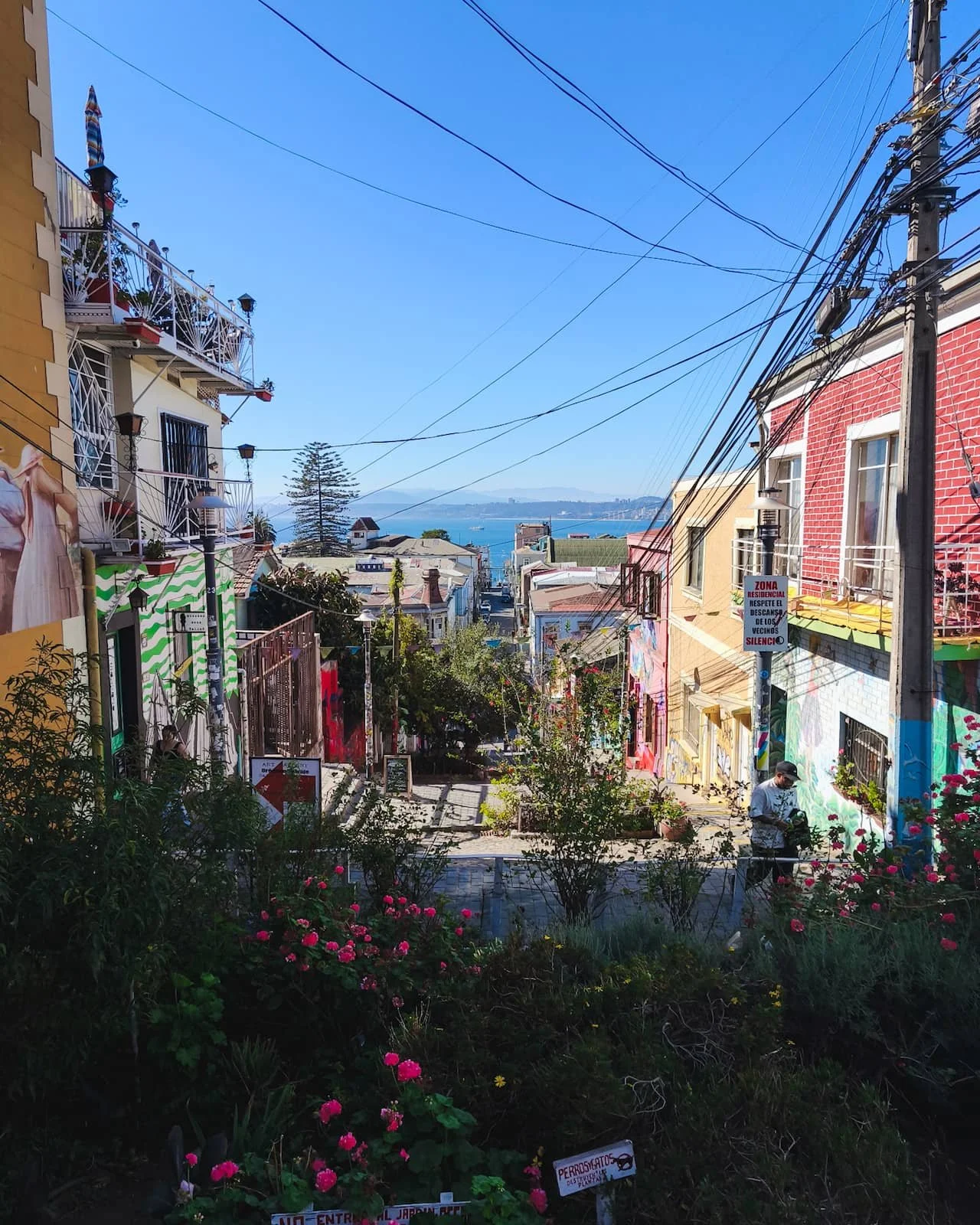 View down Escalera Templeman toward the ocean in Valparaíso.