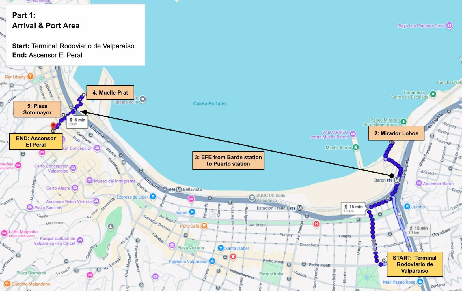 Map showing the Valparaíso port area walking route from the bus terminal to Ascensor El Peral.