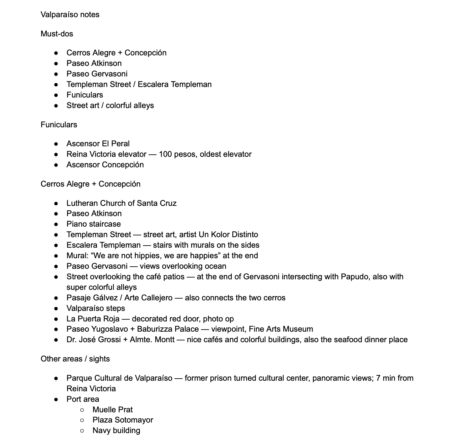 Google Doc travel planning notes for a Valparaíso itinerary before organizing sights into routes.