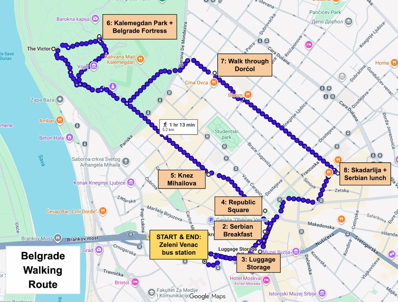 Map of the half-day Belgrade layover walking route through the historic center