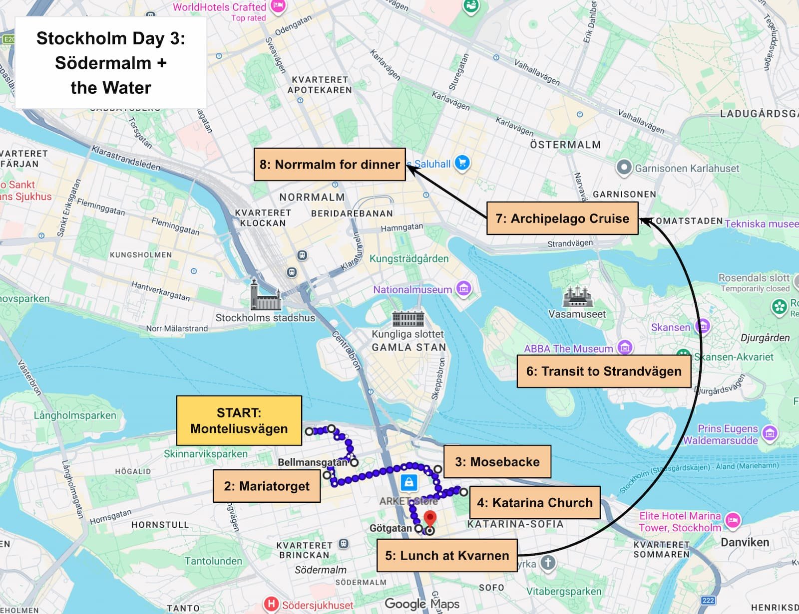 Day 3 route through Södermalm followed by a Stockholm Archipelago cruise