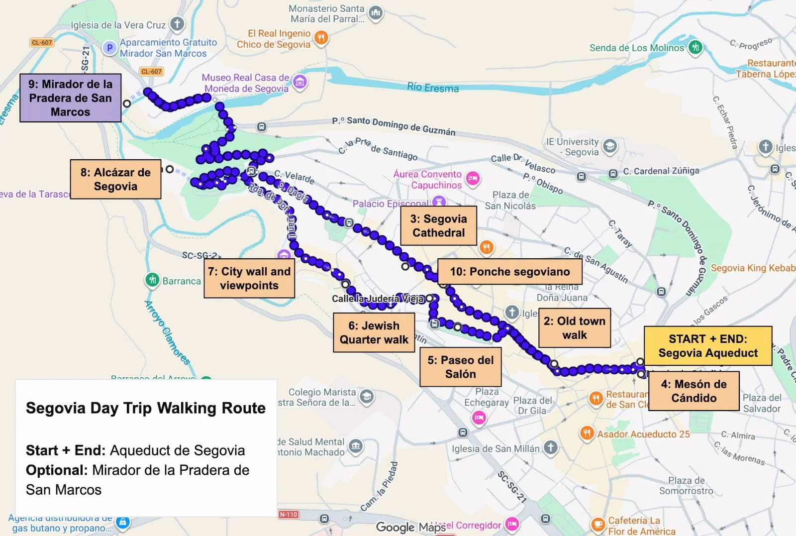 Map of a one-day Segovia itinerary from the Aqueduct through the old town, Cathedral, Jewish Quarter, Alcázar, and Pradera de San Marcos.