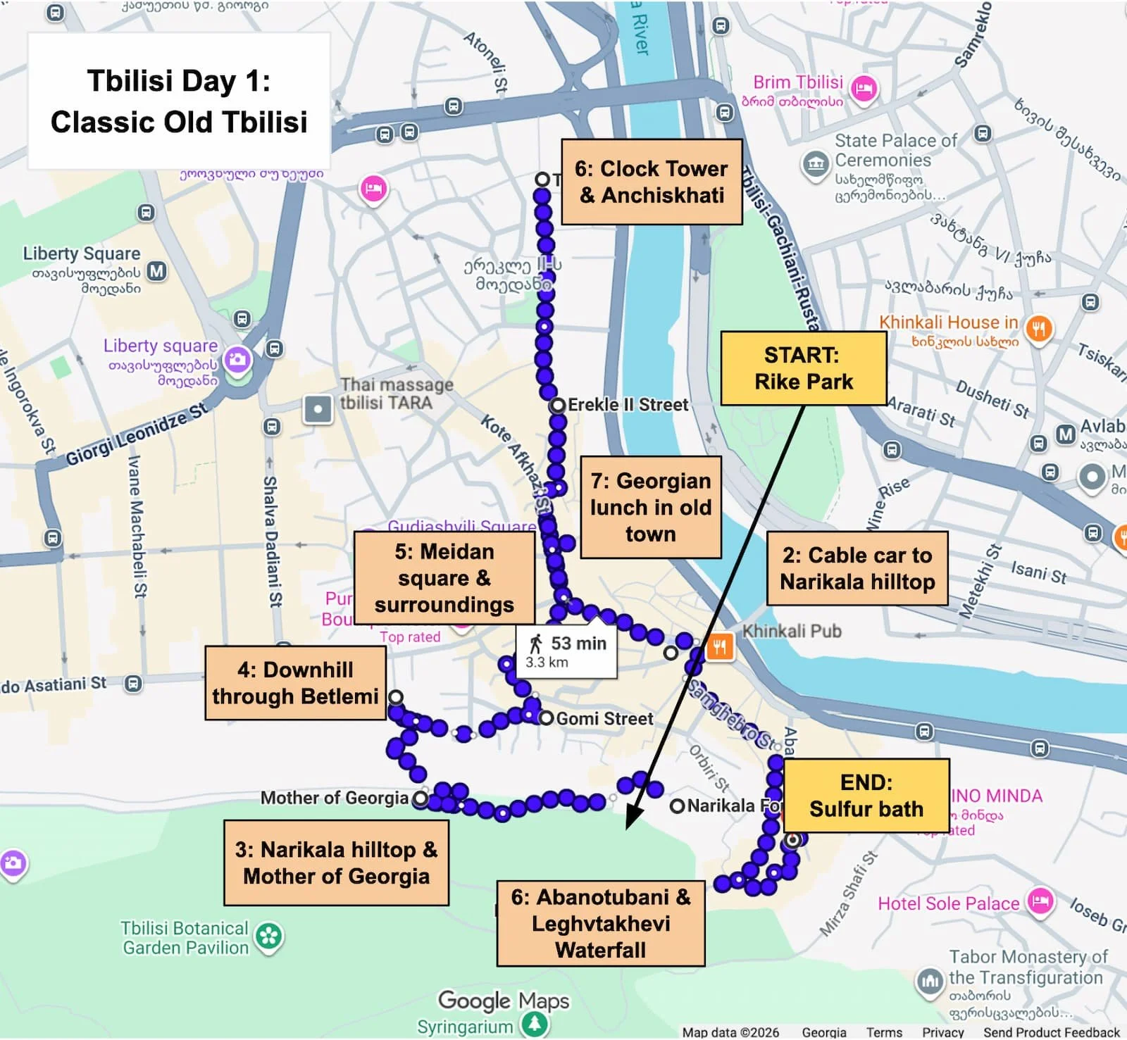 Map of the Day 1 Tbilisi itinerary from Rike Park and Narikala through Old Tbilisi to Abanotubani