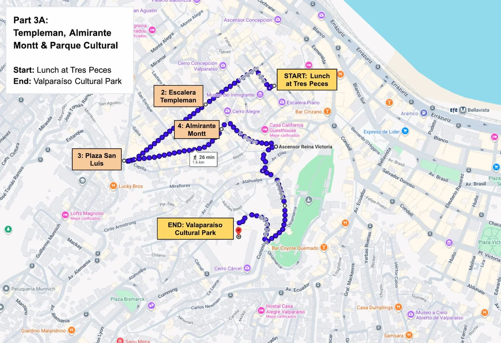 Map showing the walking route from Templeman Street and Almirante Montt to Parque Cultural de Valparaíso.