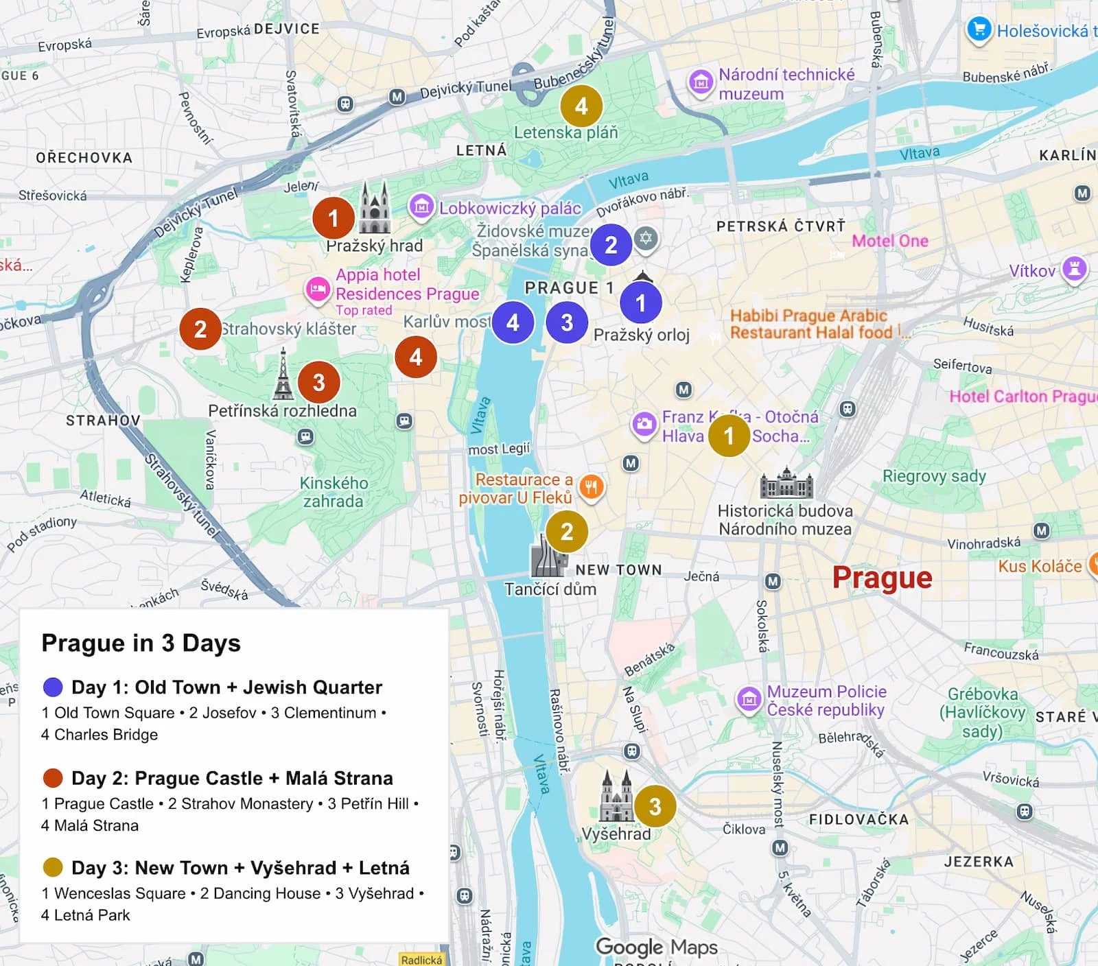 Map of Prague showing three color-coded itinerary stops covering Old Town and the Jewish Quarter, Prague Castle and Malá Strana, and New Town, Vyšehrad, and Letná.