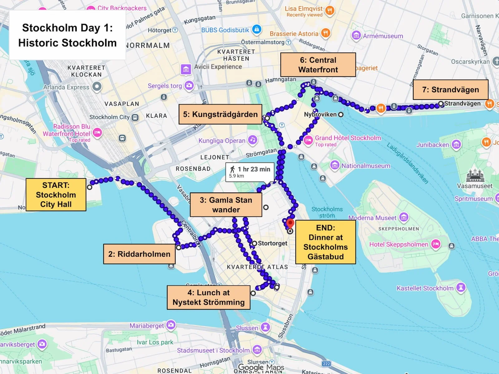 Day 1 walking route through Stockholm City Hall, Riddarholmen, Gamla Stan, and the central waterfront