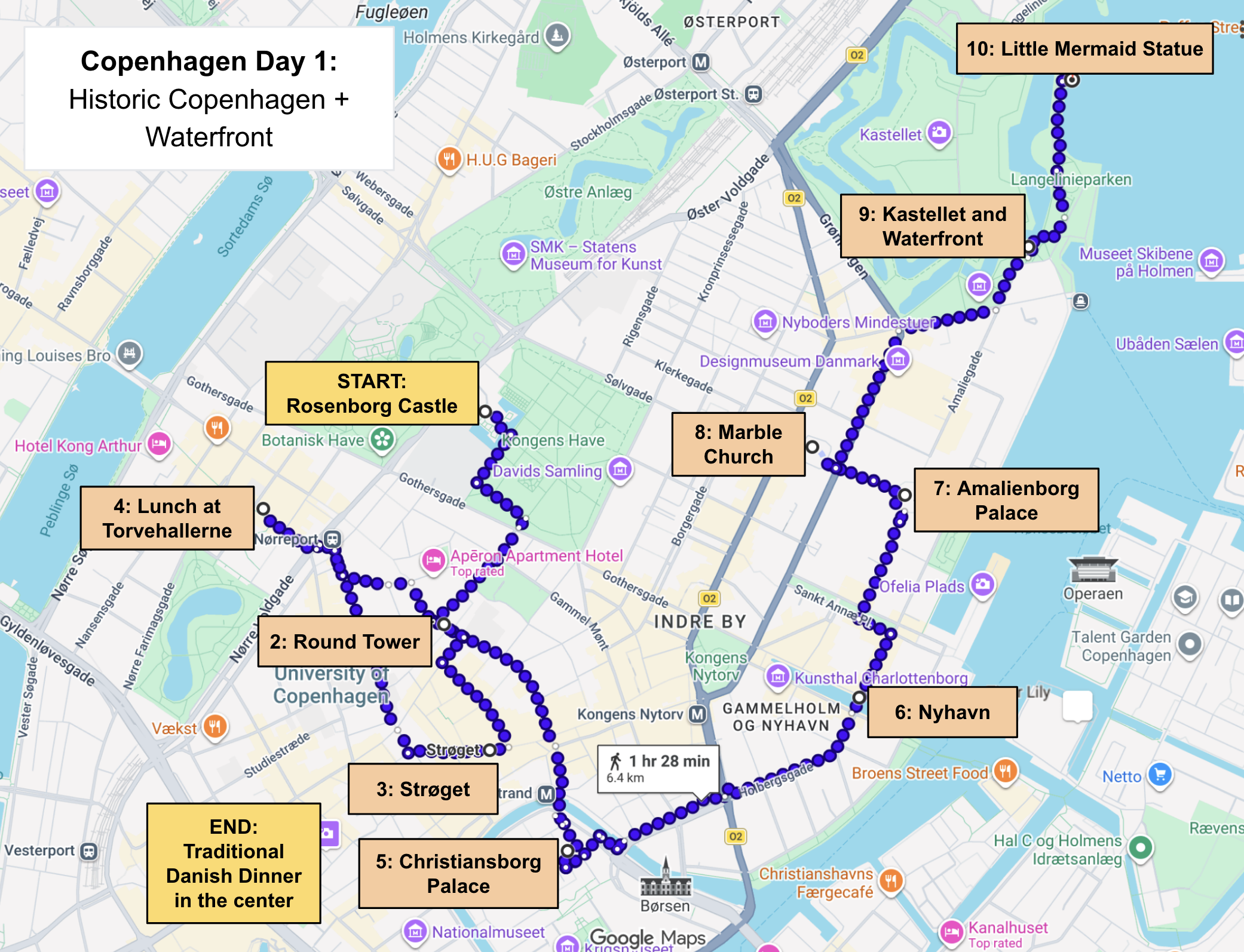 Walking route map for Day 1 of the Copenhagen itinerary, covering Rosenborg Castle, the historic center, Nyhavn, Kastellet, and the Little Mermaid.