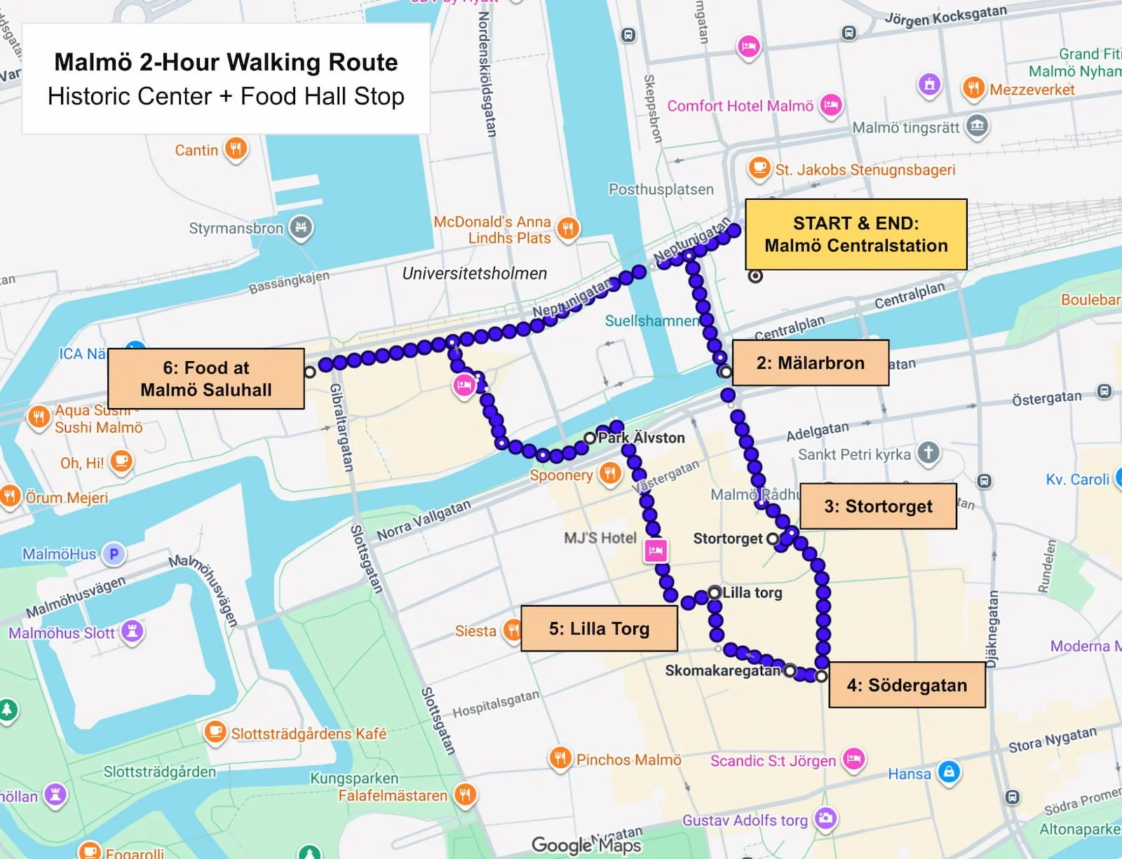 Map of a two-hour Malmö walking route from Malmö Central to Stortorget, Lilla Torg, Malmö Saluhall, and back