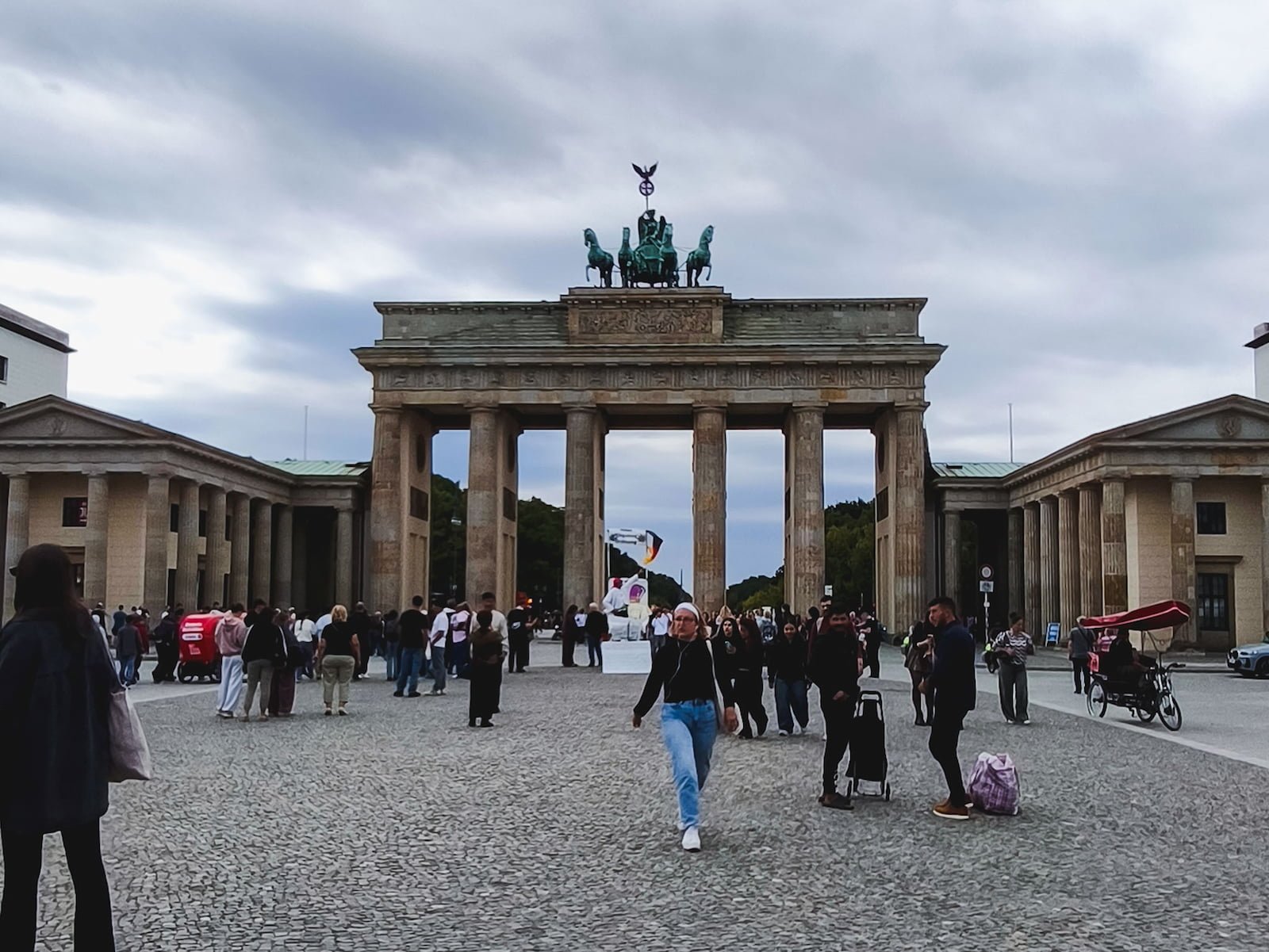 Brandenburg Gate in Berlin, with its stone columns and quadriga sculpture above the entrance.