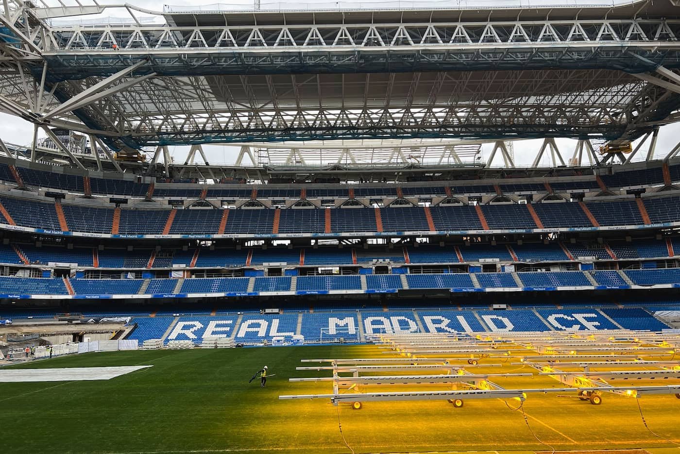 Interior view of Santiago Bernabéu Stadium during a Real Madrid stadium tour.