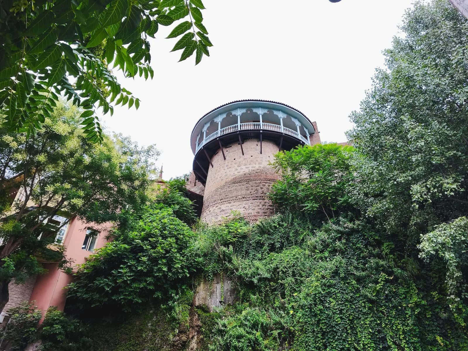 Historic balcony of Queen Darejan Palace seen from Wine Rise in Tbilisi