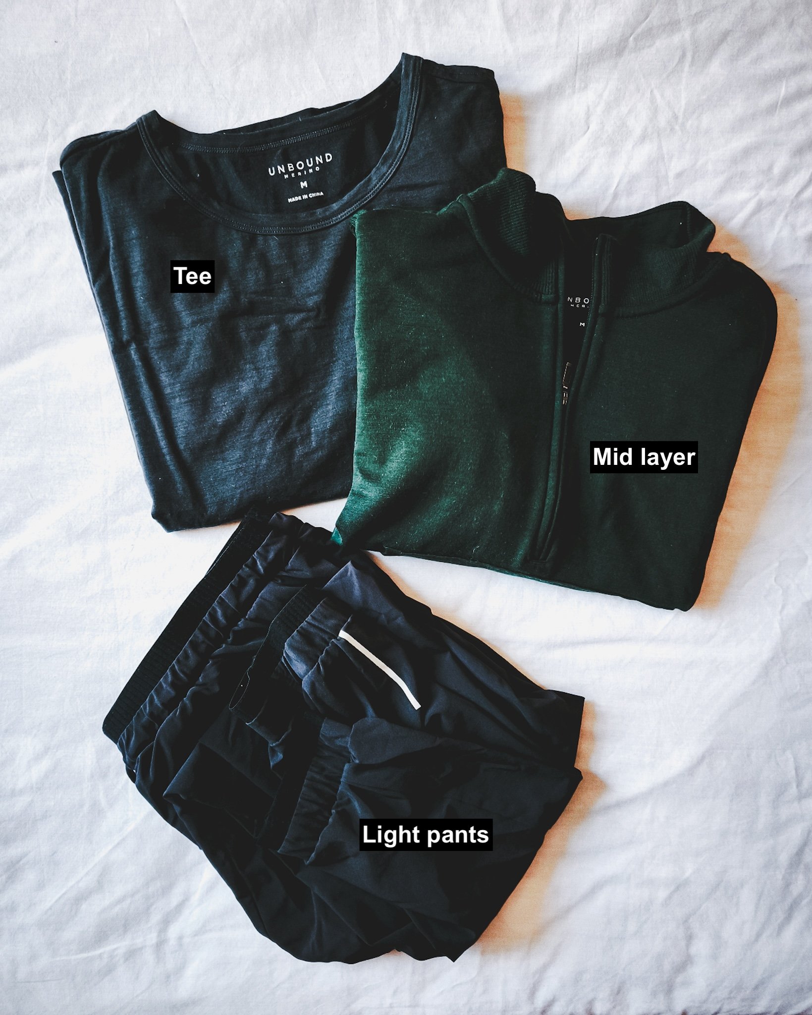 Flat lay of core outfit for shoulder seasons.