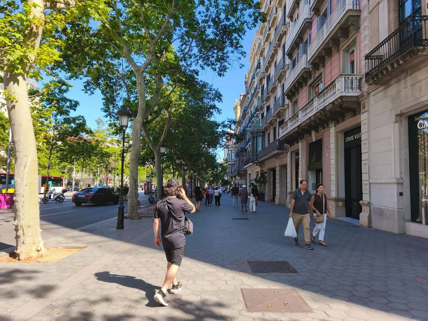 Wide tree-lined sidewalk beside apartment buildings in Barcelona’s Eixample district