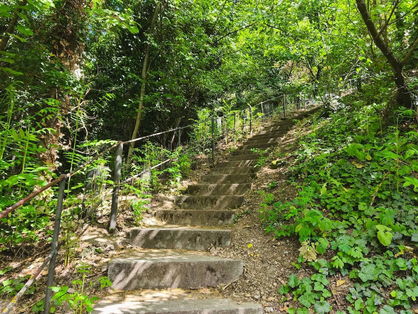 Stairs and greenery on the walk down toward Mirador de la Pradera de San Marcos in Segovia.