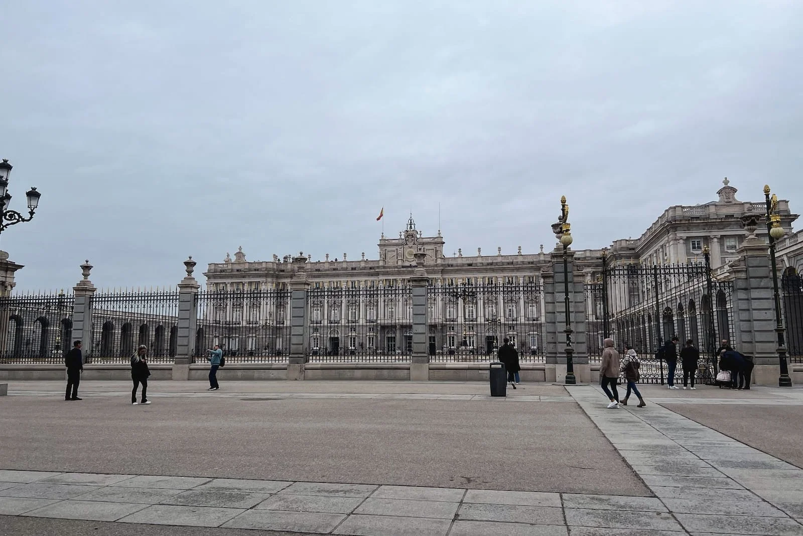 Exterior view of the Royal Palace of Madrid from the palace plaza.