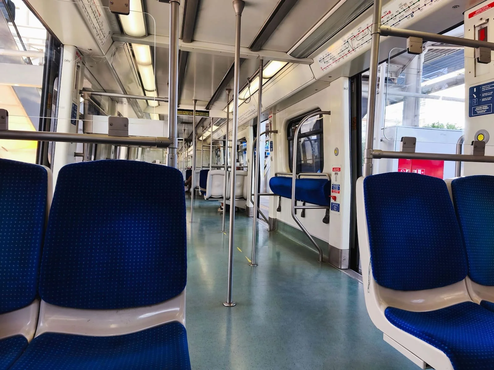 Interior of an Athens Metro Line 3 train between Athens Airport and central Athens