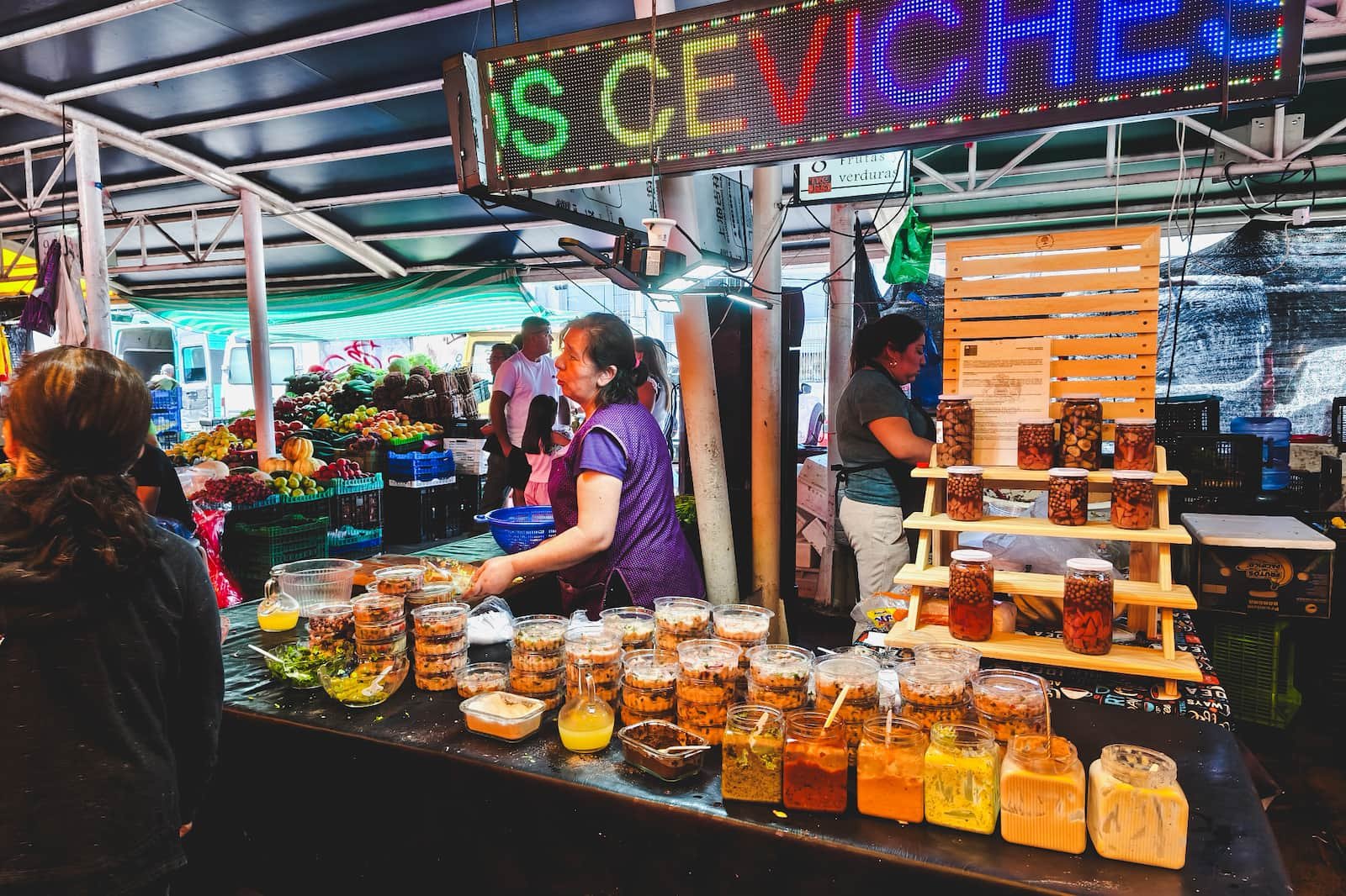 Ceviche stand at Feria Fluvial market in Valdivia, Chile.