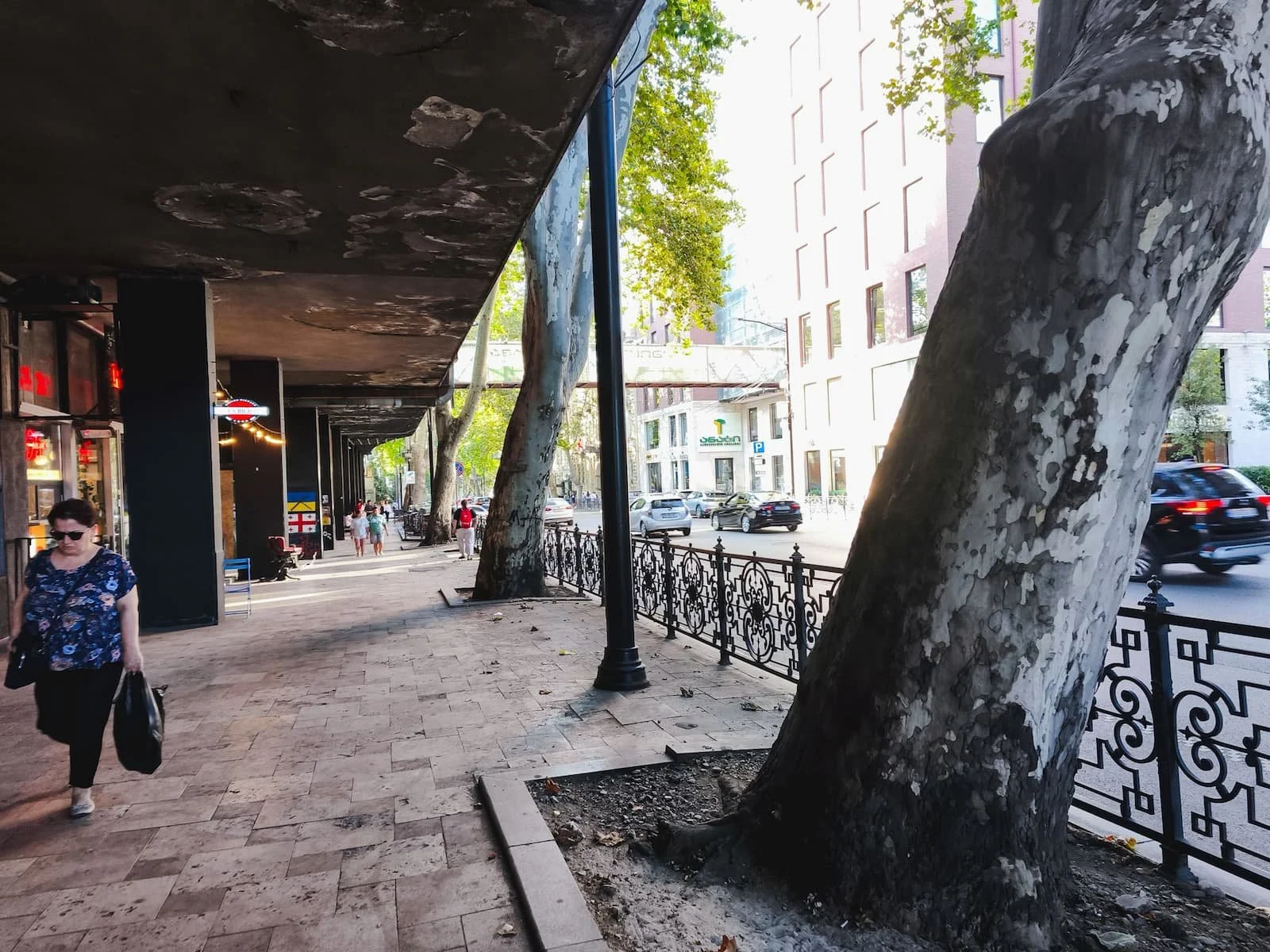 Street scene in the Vera neighborhood of Tbilisi with apartment and commercial buildings