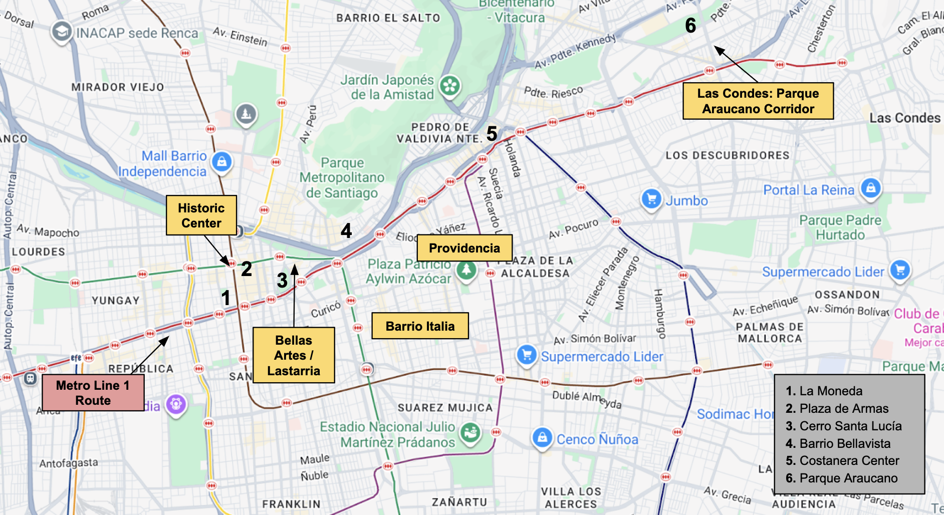 Simplified map of Santiago, Chile showing recommended neighborhoods—Historic Center/Plaza de Armas, Bellas Artes/Lastarria, Providencia, Barrio Italia, and Las Condes—with numbered landmarks and Metro Line 1.