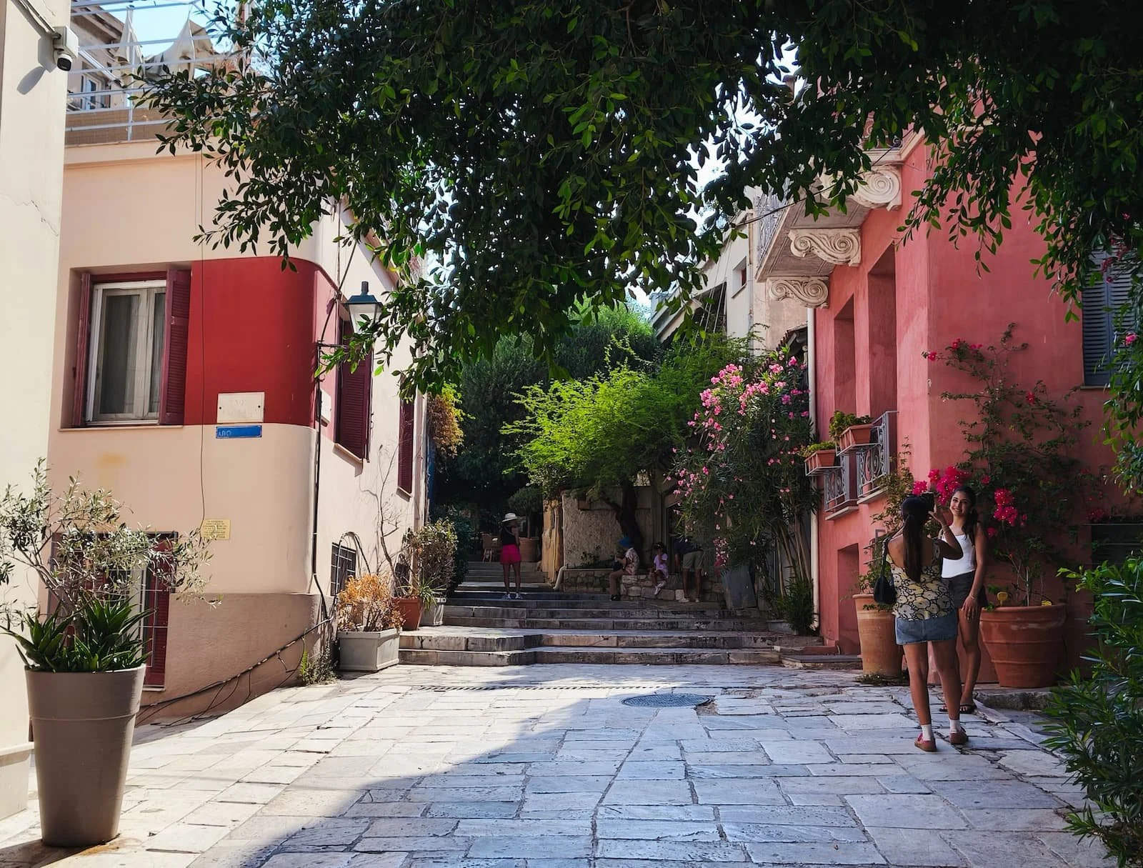 Colorful residential street in the Plaka neighborhood of Athens.