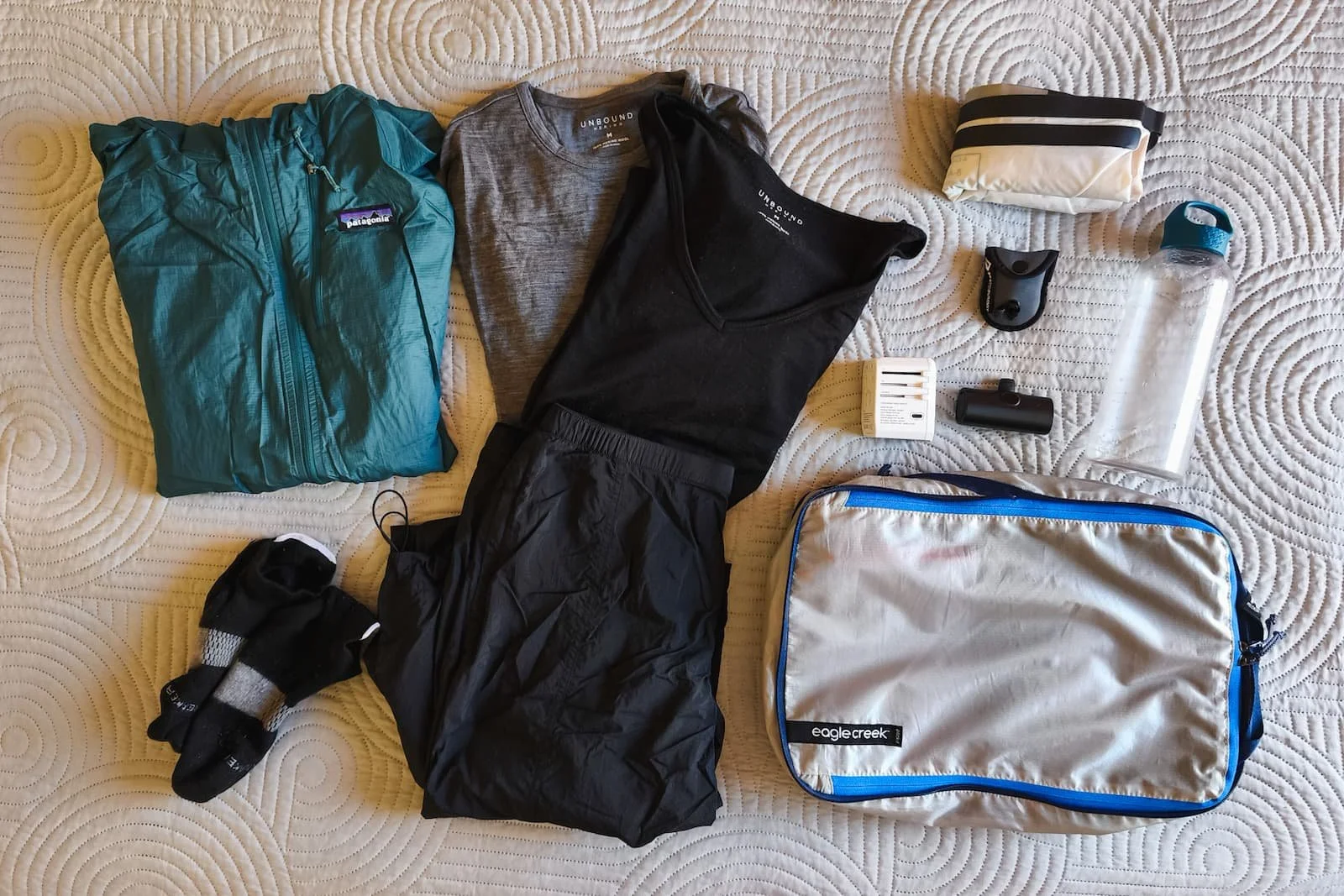 One-bag packing setup for Valdivia, Chile with layers and travel essentials