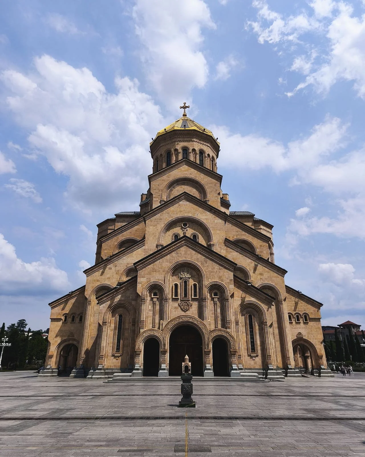 Front view of Holy Trinity Cathedral, also known as Sameba Cathedral, in Tbilisi