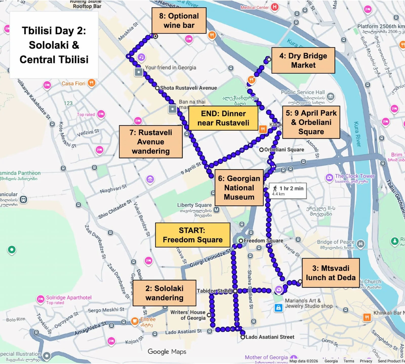 Map of the Day 2 Tbilisi itinerary through Sololaki, Dry Bridge Market, the Georgian National Museum, and Rustaveli Avenue