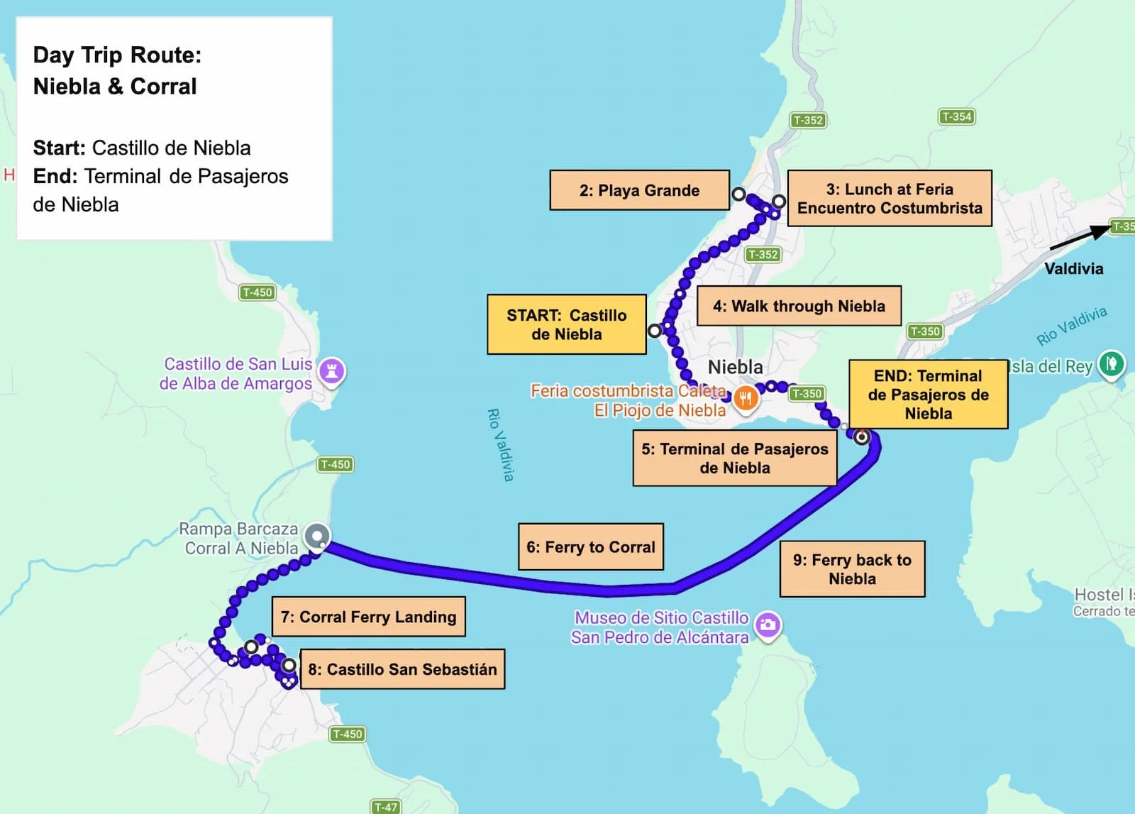 Map showing the route and main stops for a Niebla day trip from Valdivia, including Castillo de Niebla, Playa Grande, the feria costumbrista, the Niebla ferry terminal, and Corral.