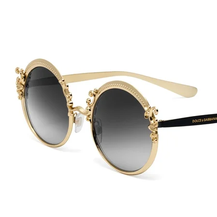 Dolce and Gabanna DG2177 You can find these sunglasses under the dictionary defition of STATEMENT! These round metal frames and temples are decorated with elegant Baroque volutes. These lenses come in beautiful color waves like blue, grey, rose gold, silver, and beige! Take these on your next vacation and you will be sure to impress.