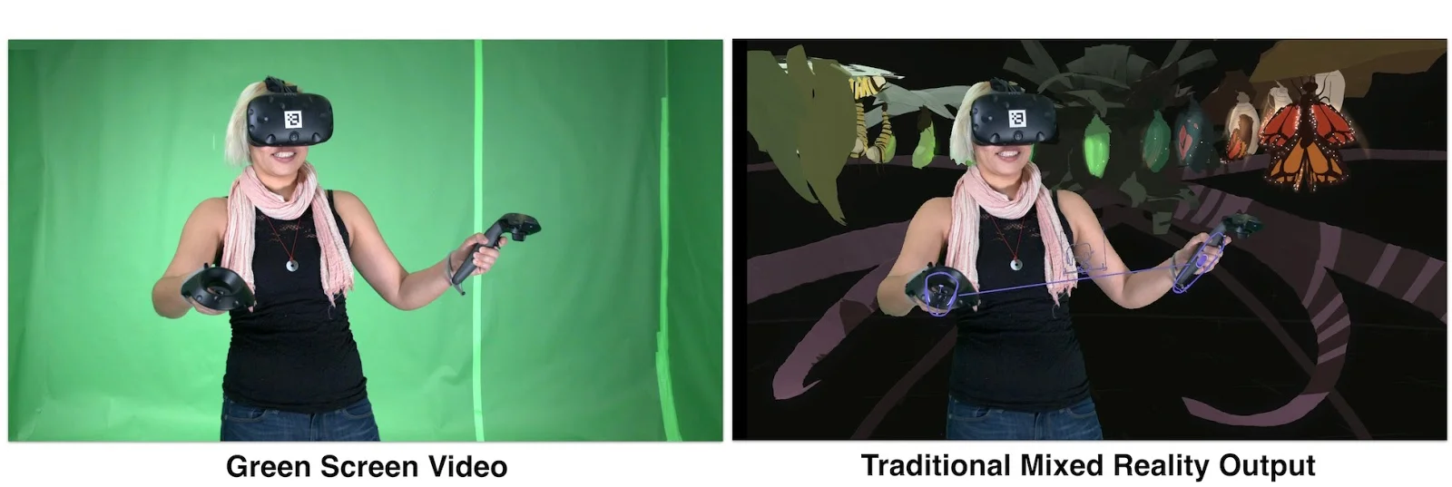 This is an example of what a "Mixed Reality" shoot looks like. On the LEFT: This is what I look like during the shoot. I'm in a green screen room, I have a VR headset on. There is a 3rd-person camera recording me. On the RIGHT: there are apps that take the 3rd-person camera content + my VR content and outputs this view of me & my VR creation. (These photos are from the Google Research blog in the 'Headset Removal' experiment.)