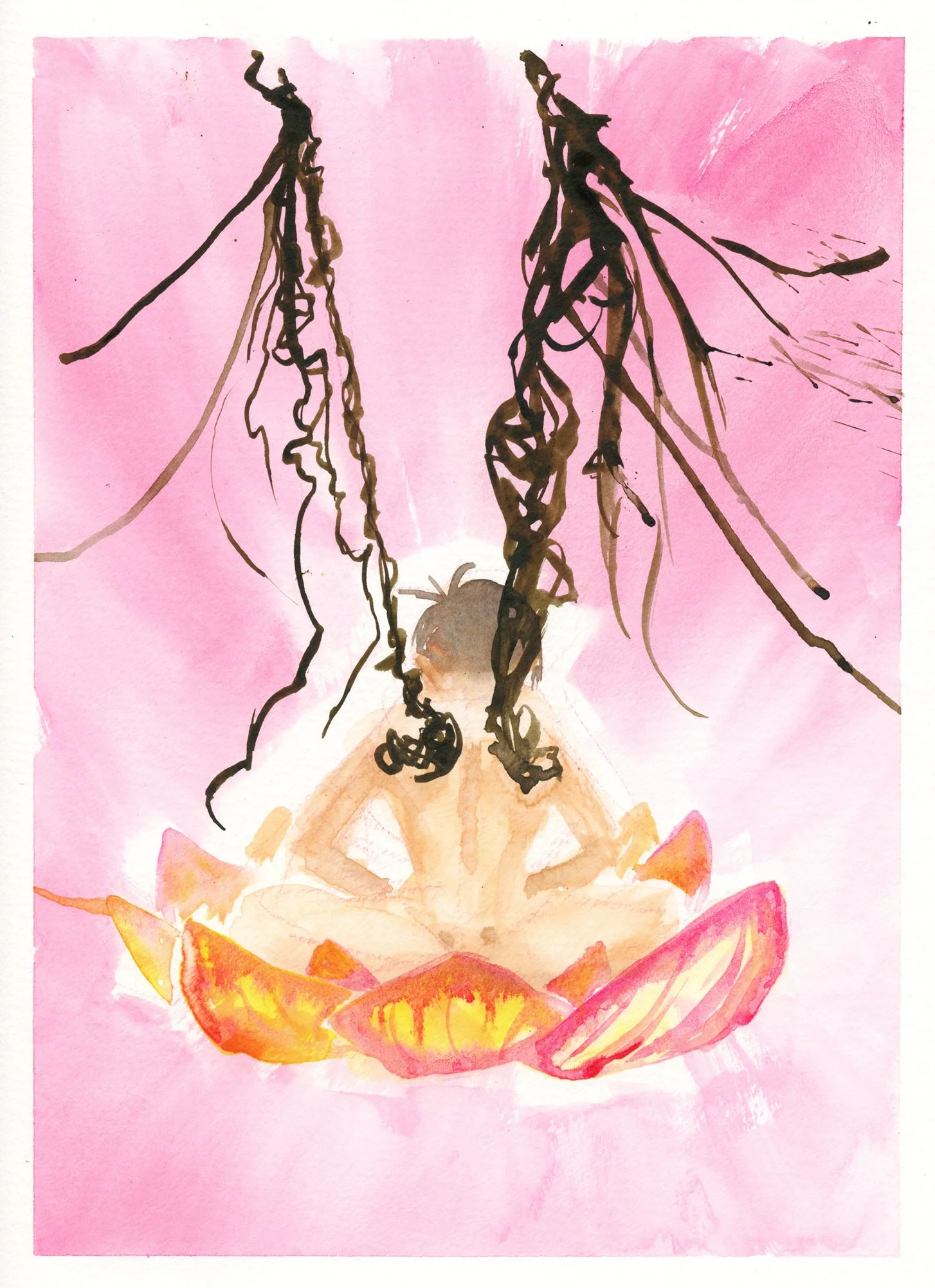 Pink magenta background, a female figure sitting crossed legged facing away, sitting upon a lotus flower. Most jarringly, vibrant and aggressive energetic dark strokes are coming out of her shoulder blades, in the shape of torn wing-like structures