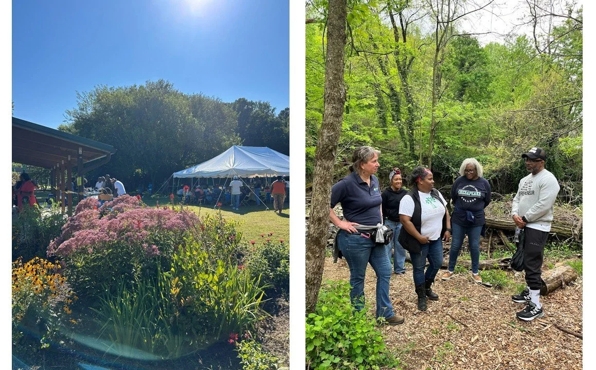 Left: Newly installed rain gardens are in full bloom at Jonestown Day in August 2025. Right: Participants in LEAD 2.0 learn about community resilience from partners at Stillmeadow Community Projects and Interfaith Partners of the Chesapeake.