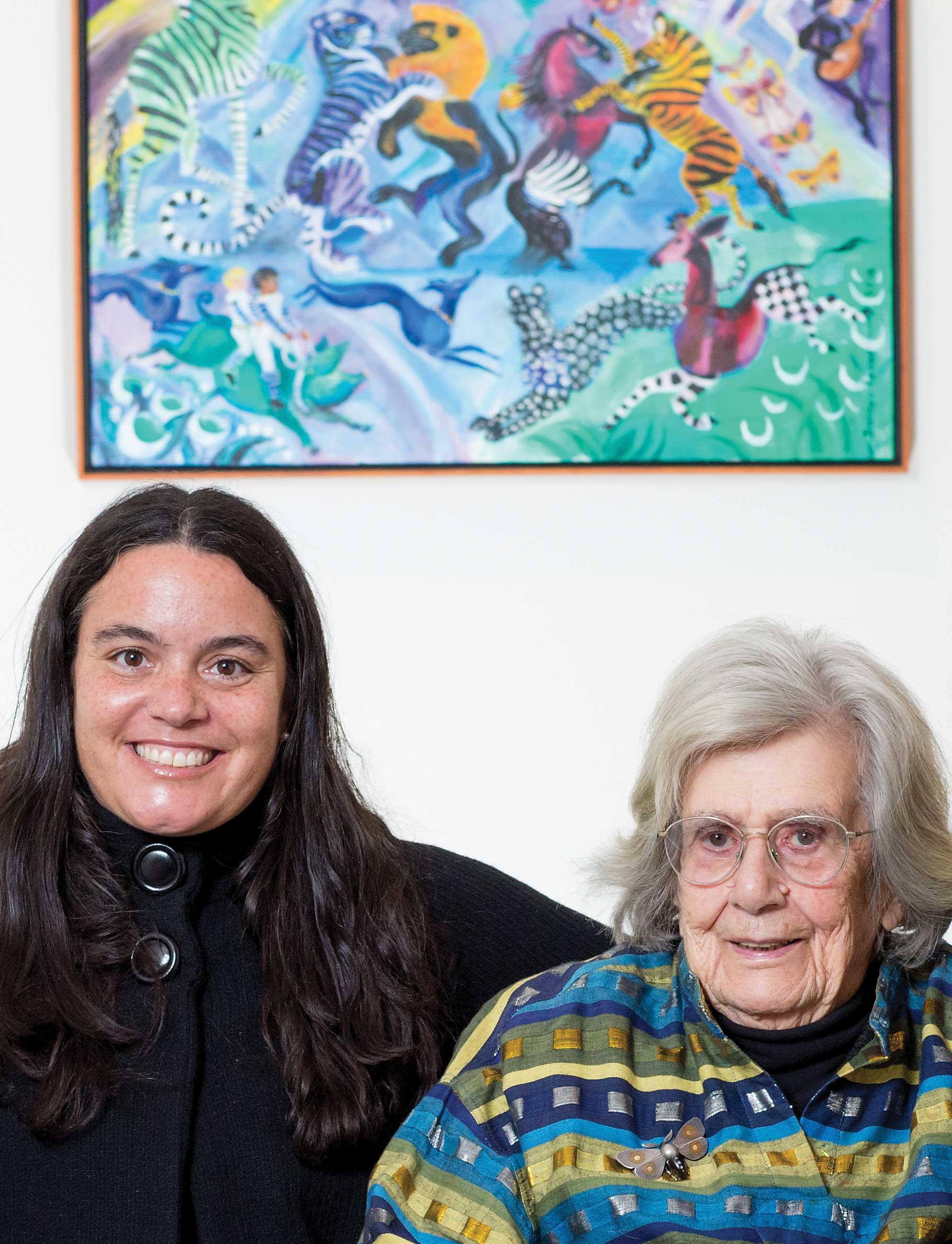 Rachel Walls and Dahlov Ipcar seated below Blue Moon Dance, which was completed in 2014. Frost Gully Gallery, Freeport, Maine. January 13, 2016. Photograph by Rene Roy.