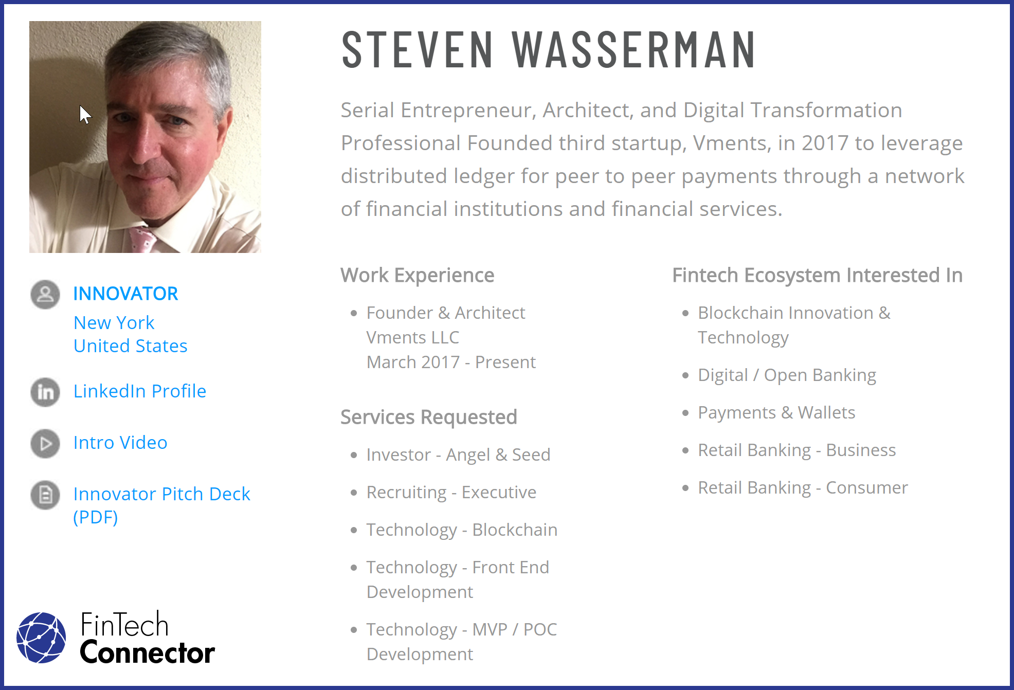 Connect with Steve Wasserman via FinTech Connector - https://members.fintechconnector.com/user/sign_up