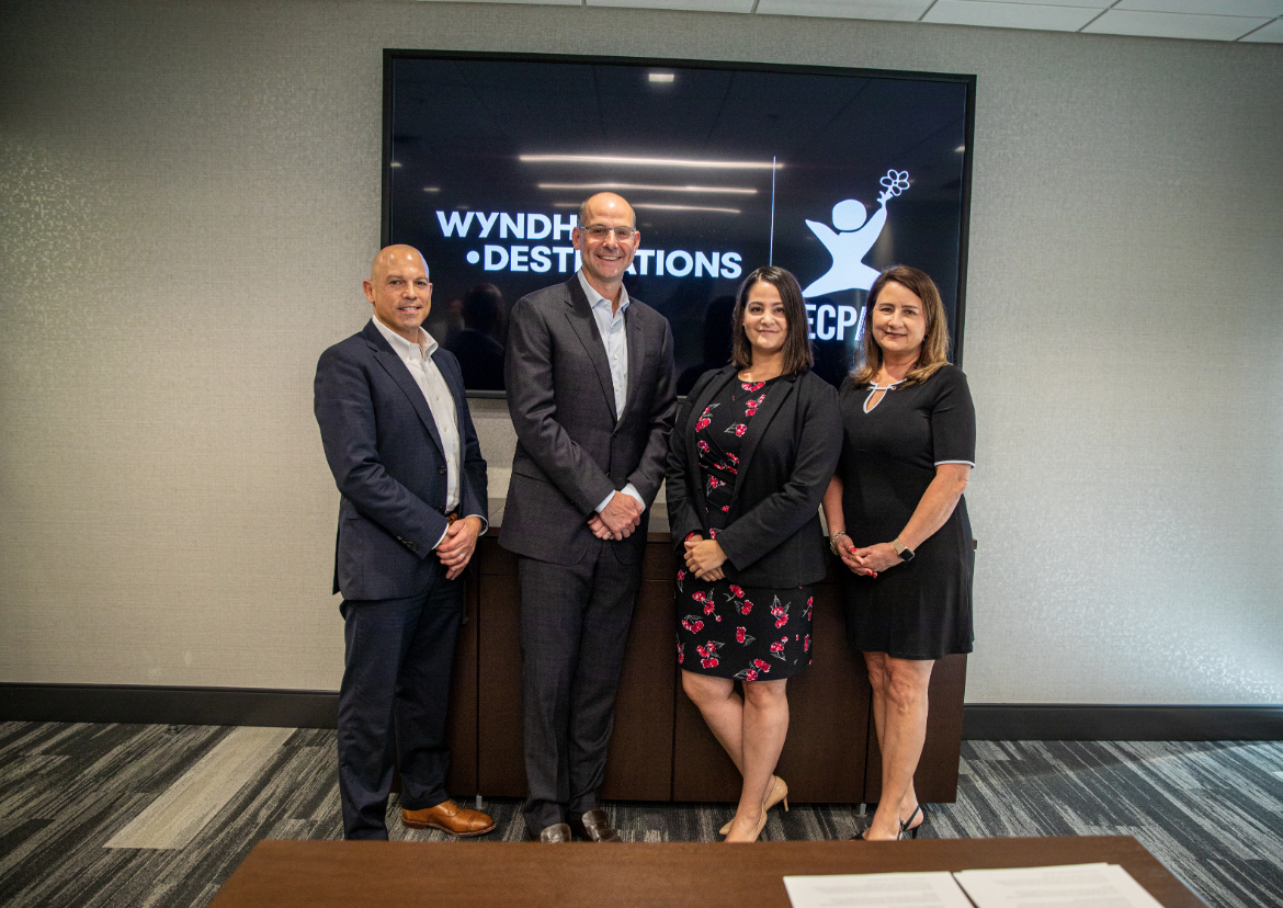 James Savina, Executive Vice President and General Counsel for Wyndham Destinations, from left, Michael D. Brown President & Chief Executive Officer (CEO) for Wyndham Destinations, Michelle Guelbart, Director of Private Sector Engagement at ECPAT-USA, Kimberly Marshall, Chief Human Resources Officer for Wyndham Destinations