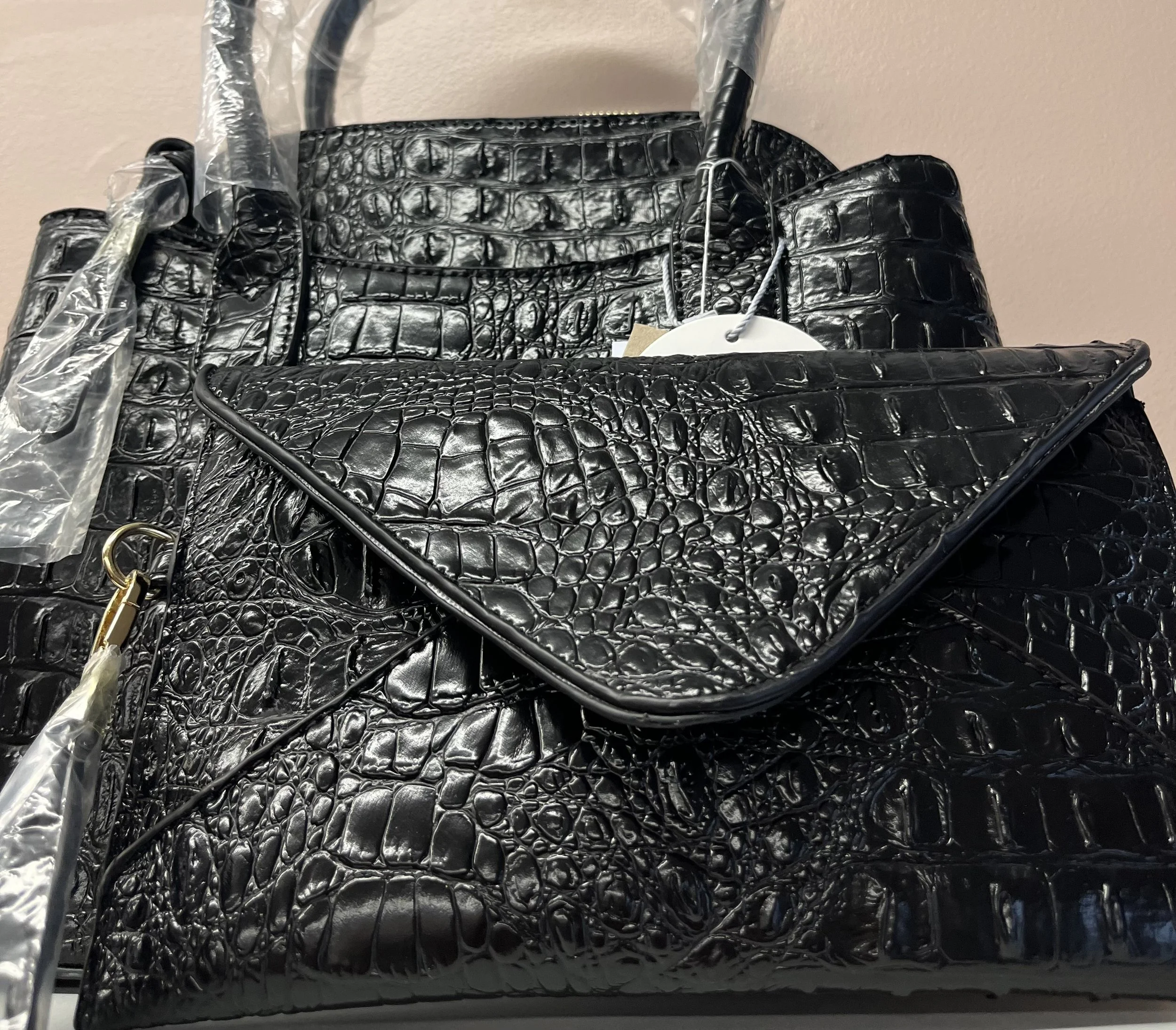 Black Croc Satchel with Matching Clutch