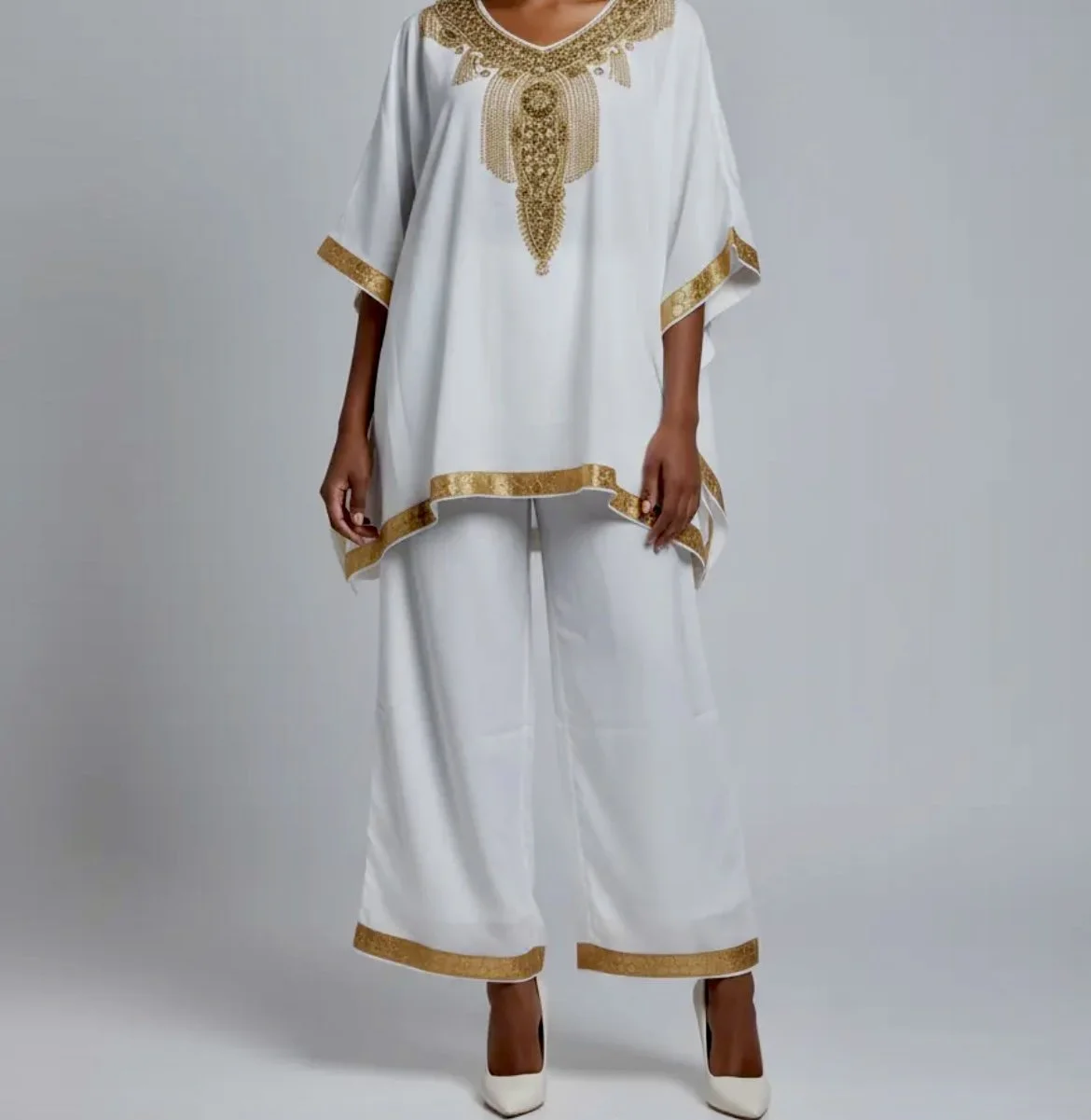 2pc White Gold Top and Crop Pant  Set