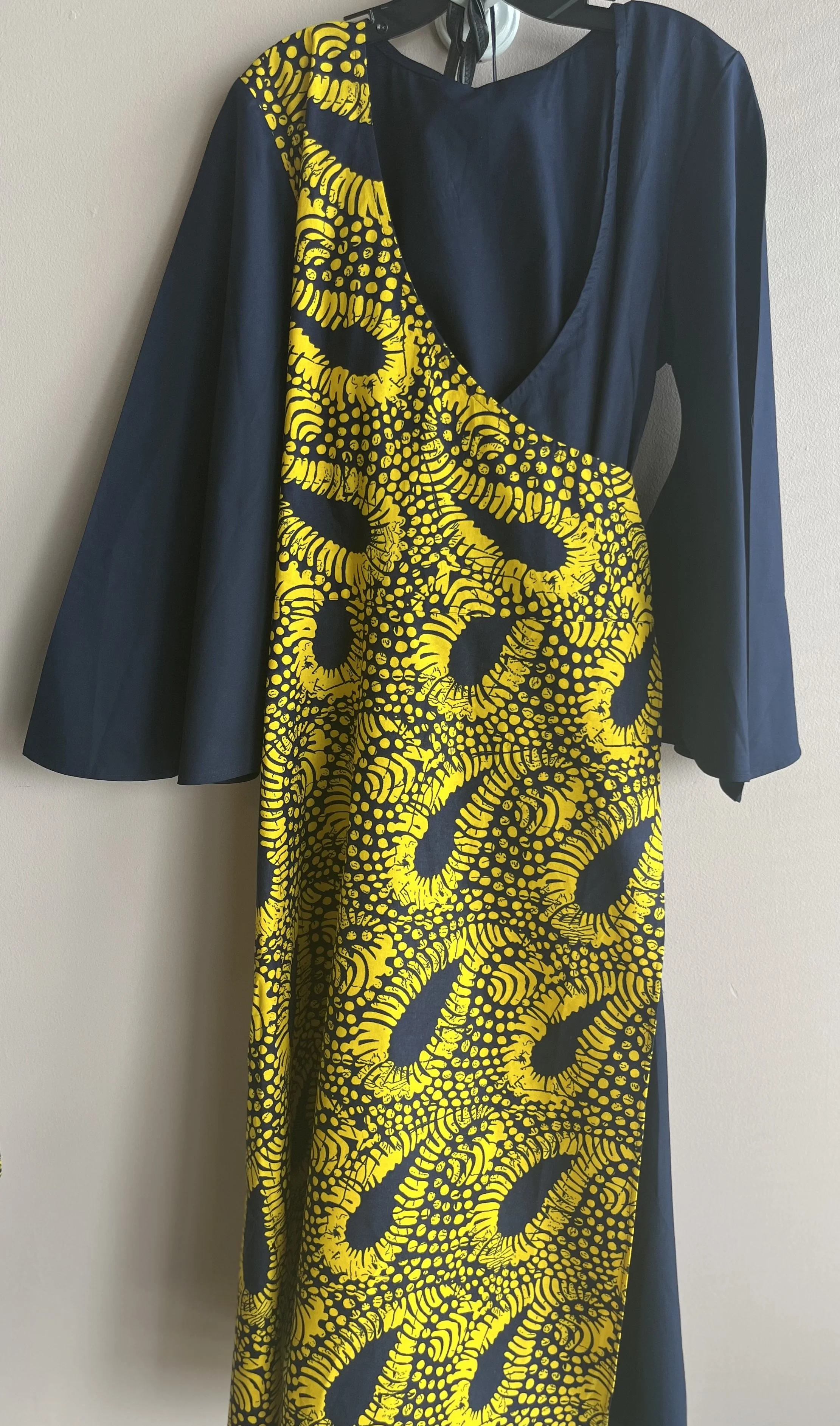 Navy Blue Yellow Wrap Long Bell Sleeve Dress