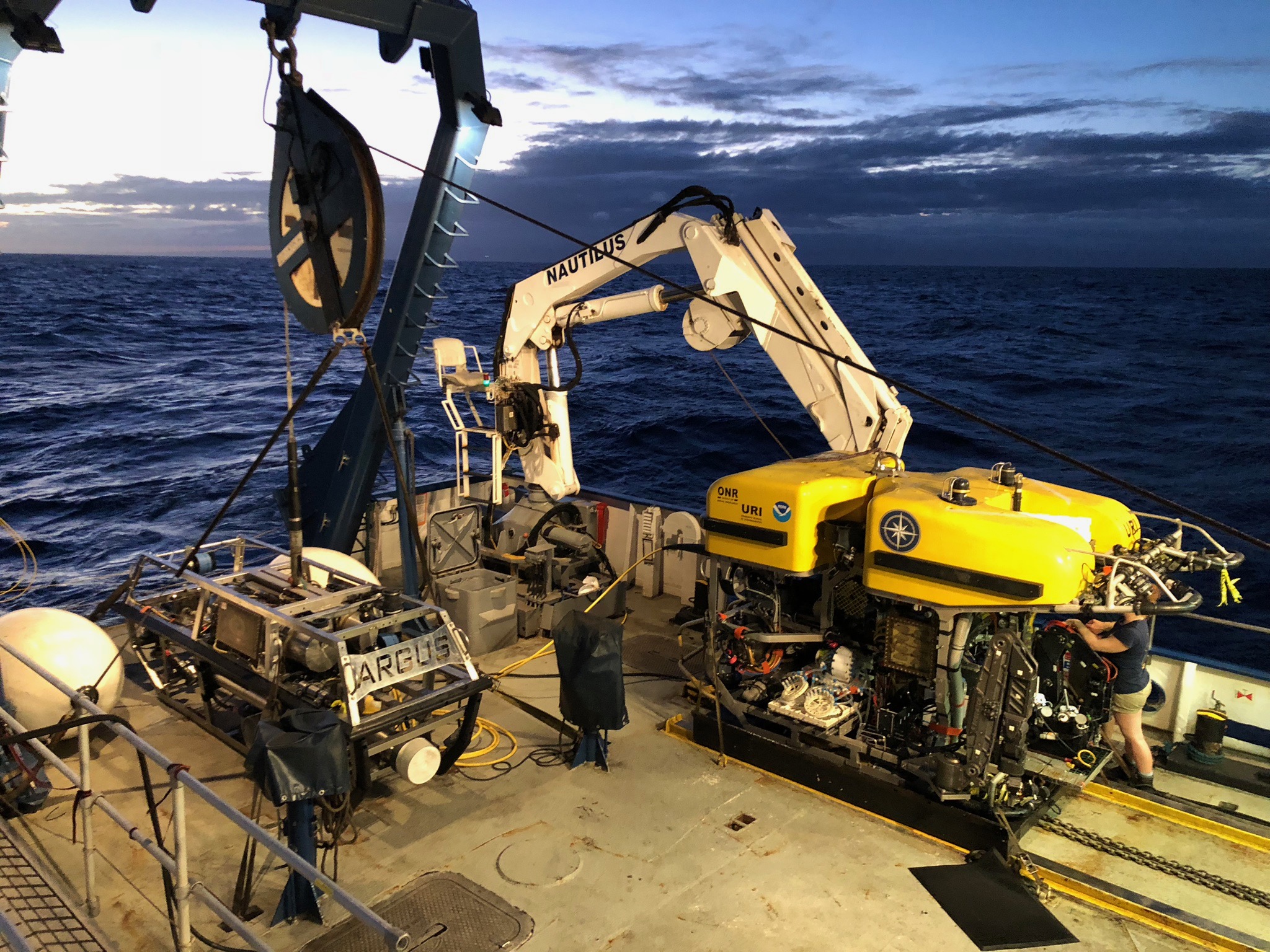 ROVs Hercules (bigger, yellow one) and Argus (smaller, silver one) on the E/V Nautilus