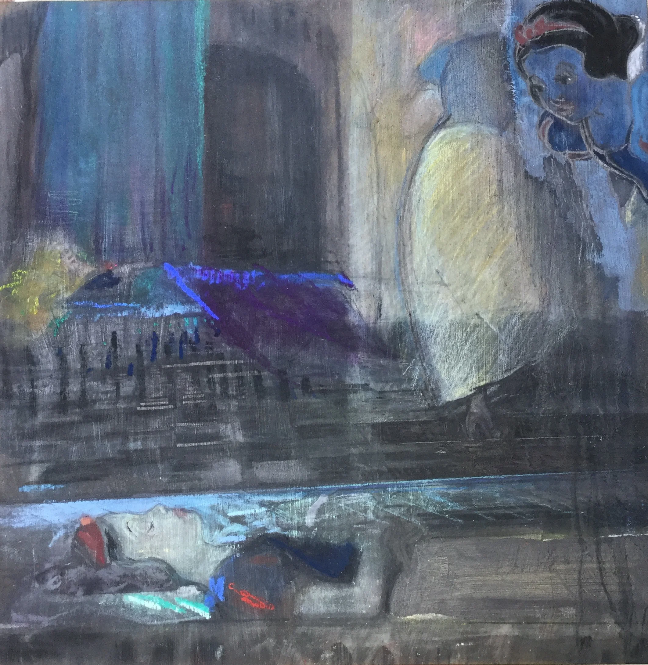 Wonder Tales: Girls in Comas. Acrylic paint with ink, colored pencil, and pastel on birch panel. 15 3/4" x 15 3/4".