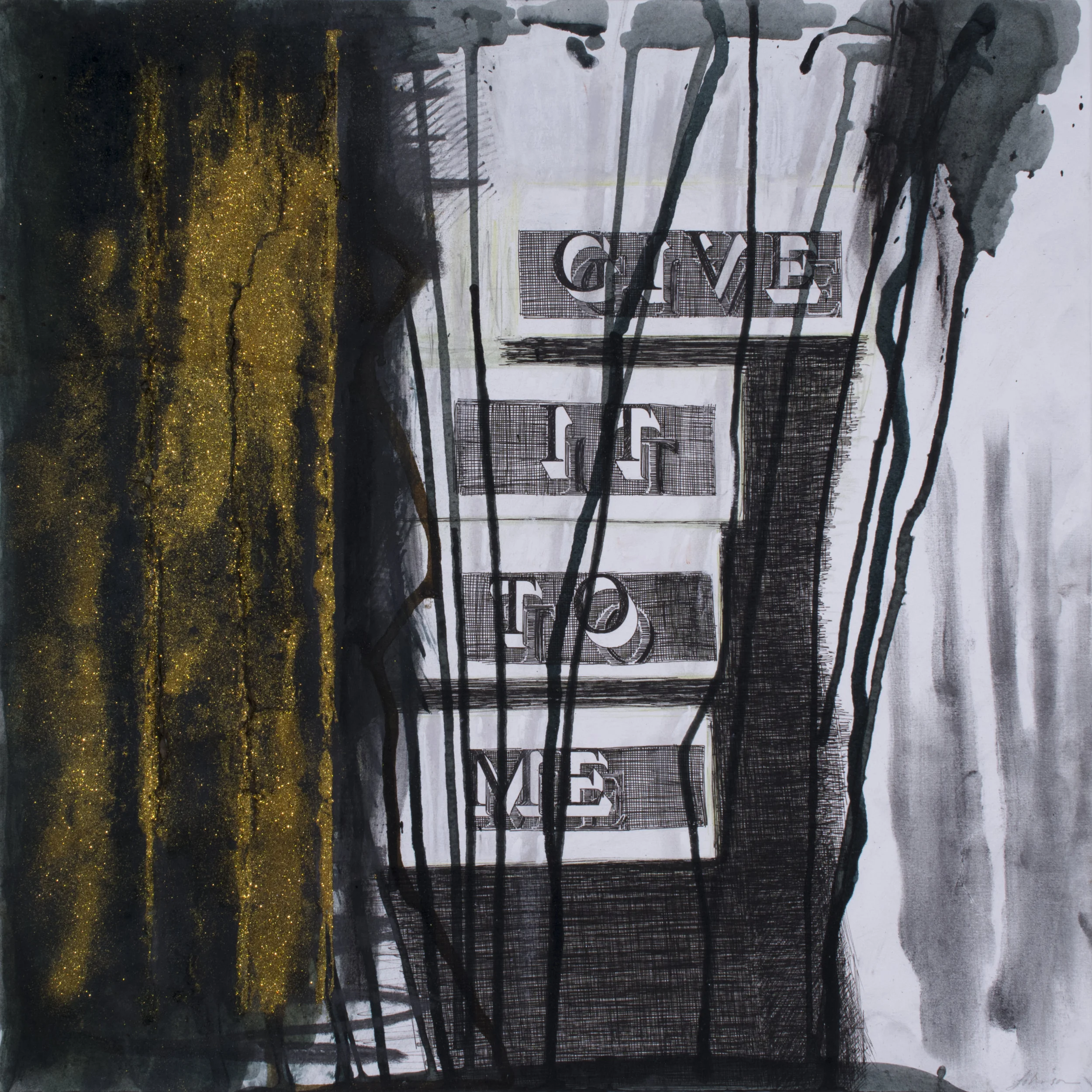 GIVE IT TO ME (bronze). India ink, colored pencil, and bronze powder with acrylic binder on rag bristol board. 19" x 19".