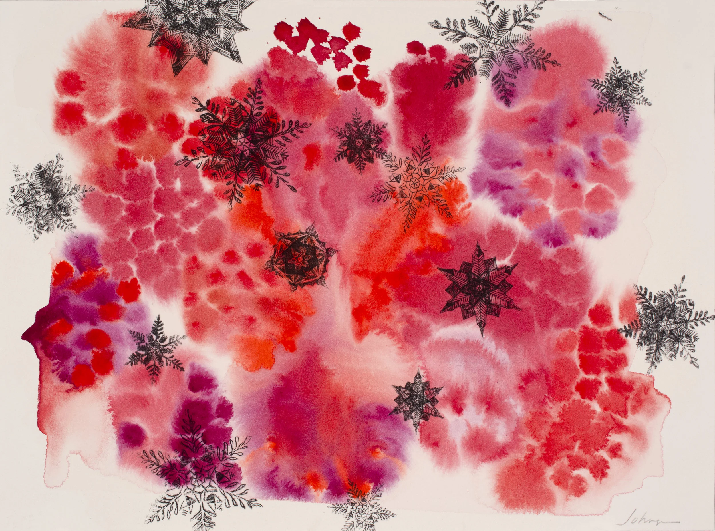 Wonder Tales: Red Snow. Watercolor with photo transfer on rag paper. 12 3/8" x 9".