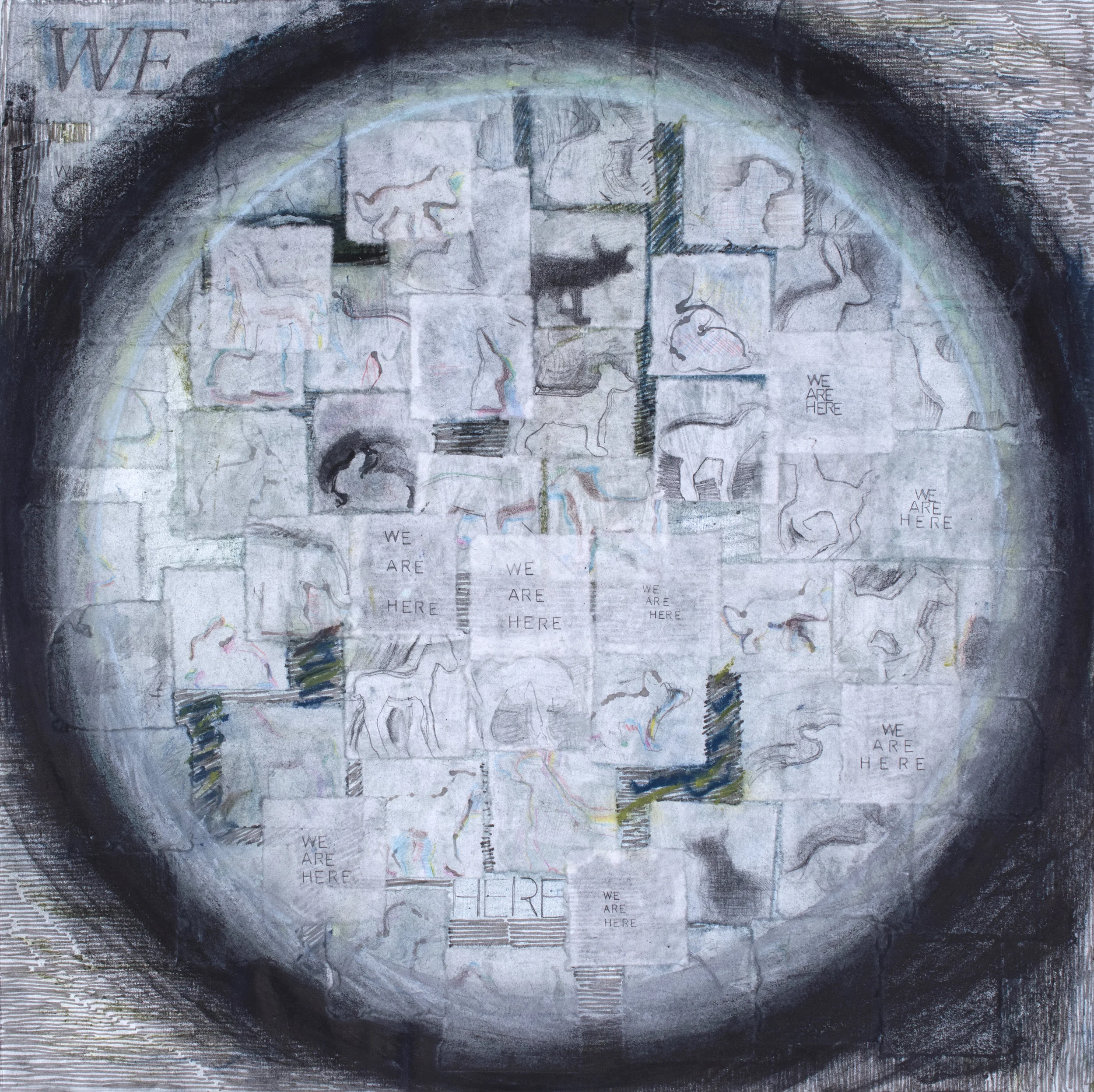 We Are Here (animals). Pencil, india ink, colored pencil, and watercolor on Hosho paper and bristol board, with wheat paste. 19" x 19".
