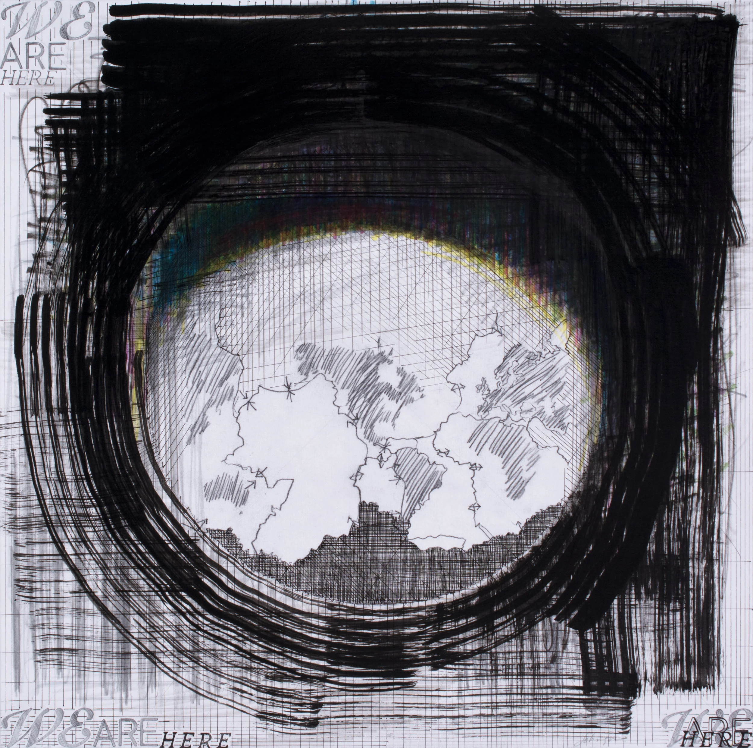 We Are Here (Pangaea). Pencil, carbon, and inks on rag bristol board. 19" x 19".