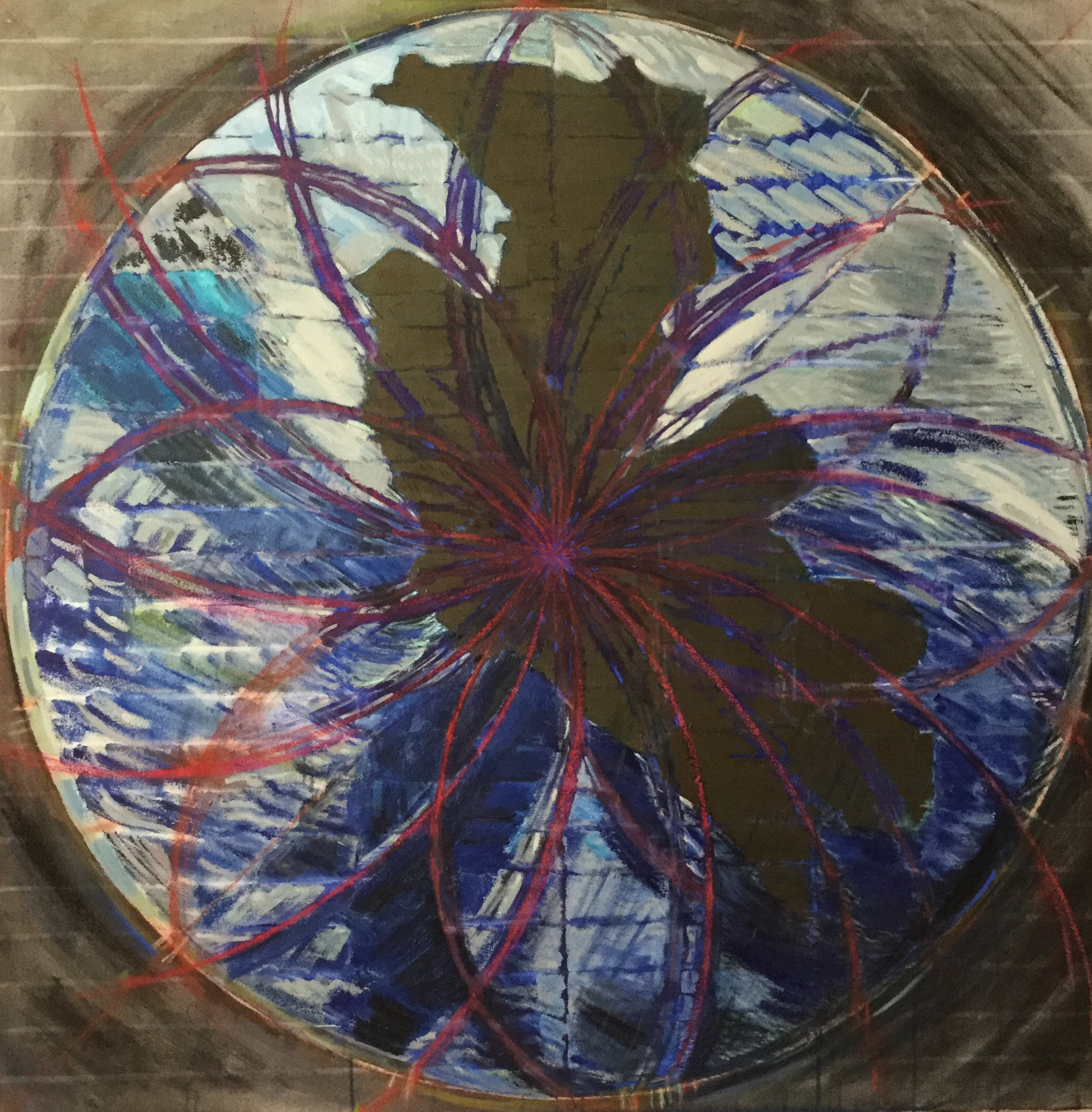 Pangaea and Fibonacci Spiral. Acrylic and oil paint with pastel on stretched canvas. 48" x 48".