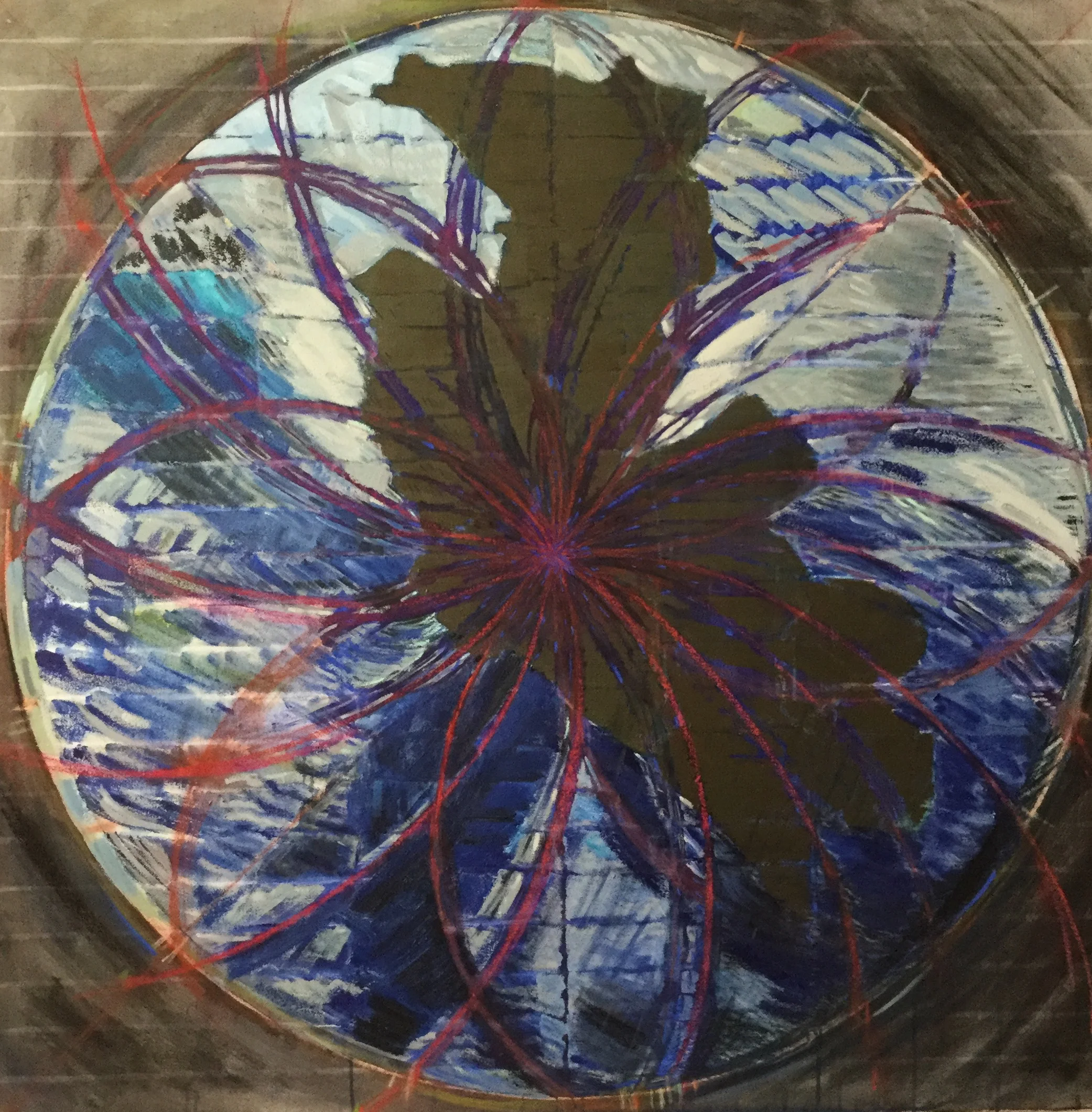Pangaea and Fibonacci Spiral. Acrylic and oil paint with pastel on stretched canvas. 48" x 48".