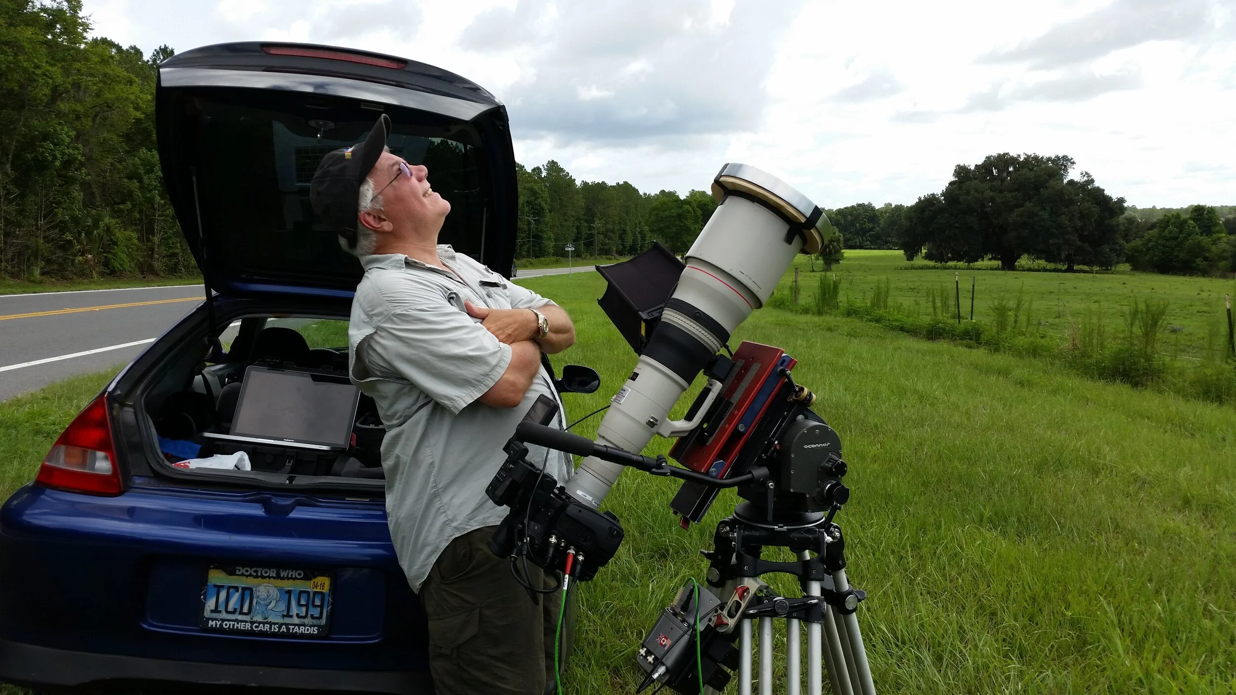 Sometimes the clouds just don't cooperate. I drove over 160 miles to shoot a solar transit, only to be clouded out at the last minute. I'm shooting (or would have been) with a Canon EOS Cinema C500 in 4K, recording raw uncompressed into a Codex Onboard S+ recorder at 60fps, monitoring on a Small HD LCD, camera support is an O'Connor 2575. Photo credit: Phil Sandlin.